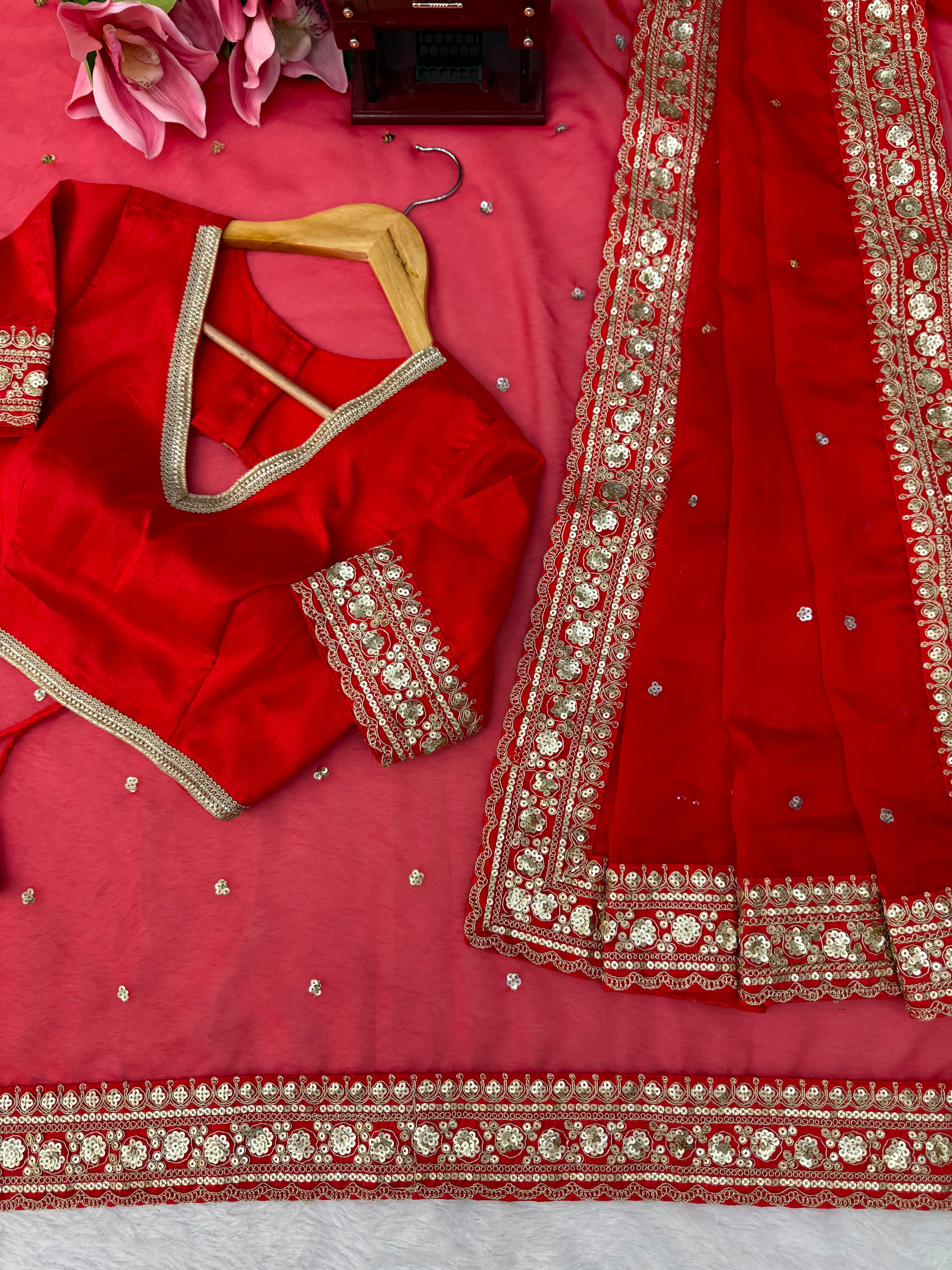 Dazzling Wedding Wear Silk Sequence n Thread Work Designer Saree With Unstitched Blouse Piece