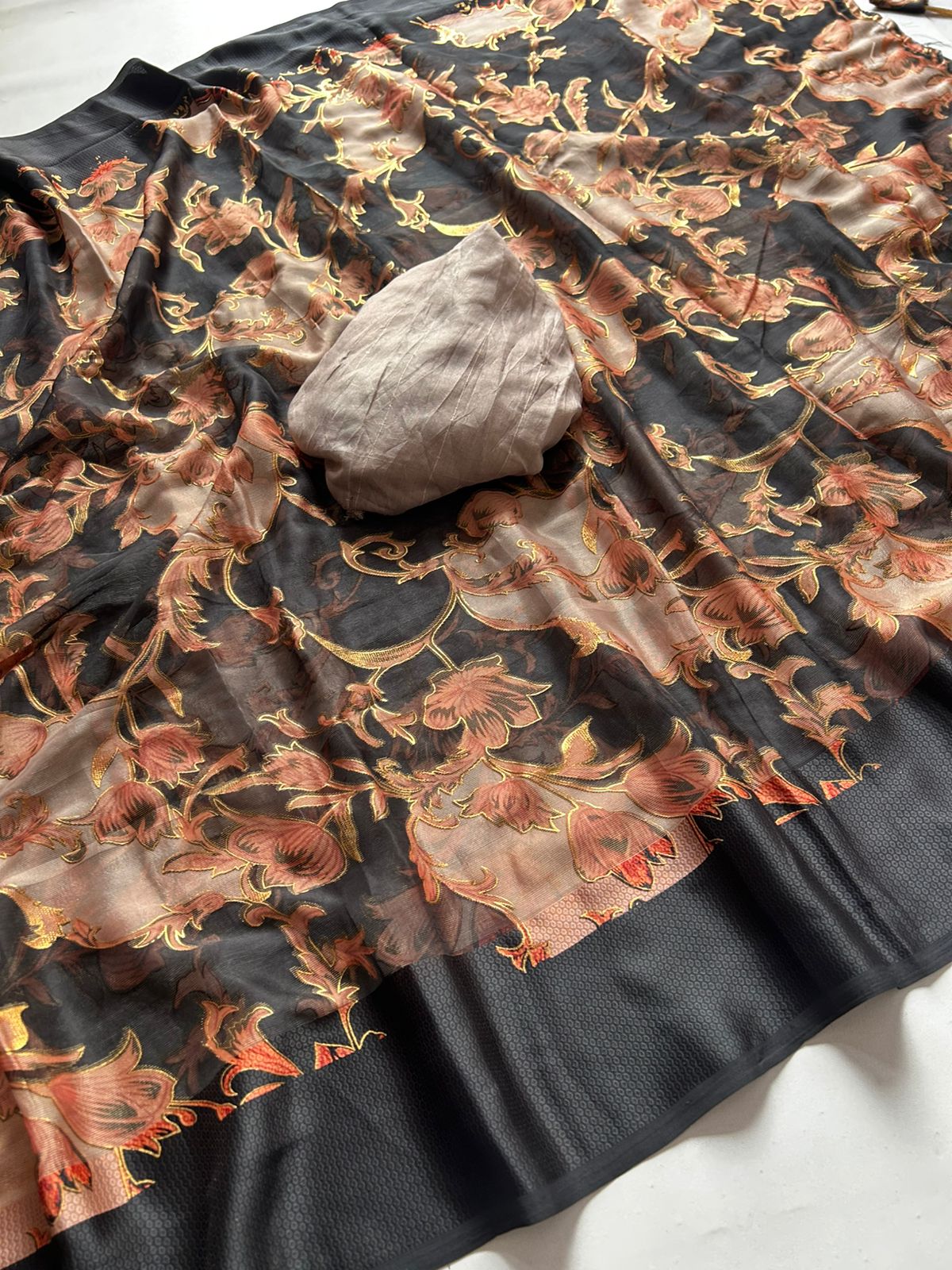 Heritage Function Wear Soft Chiffon Foil Print Design Fancy Saree With Blouse Piece