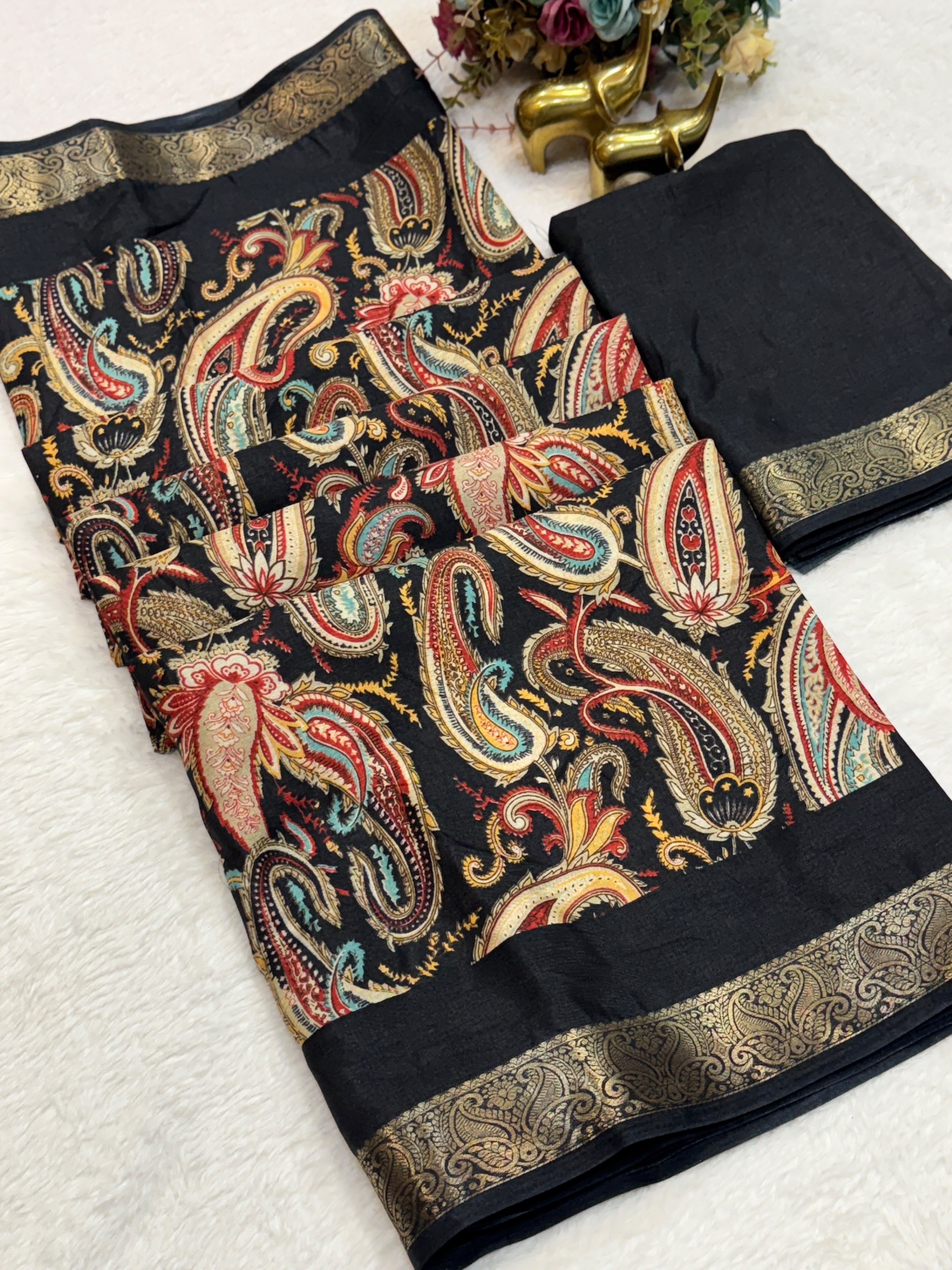 Adorning Function Wear Tussar Silk Kashmiri Printed n Jacquard Weaving Work Designer Saree