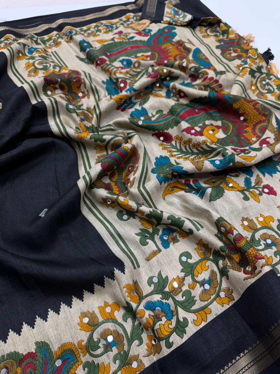 Gratifying Function Wear Tussar Silk Jacquard Border Rich Pallu n Mirror Work Fancy Saree With Blouse Piece
