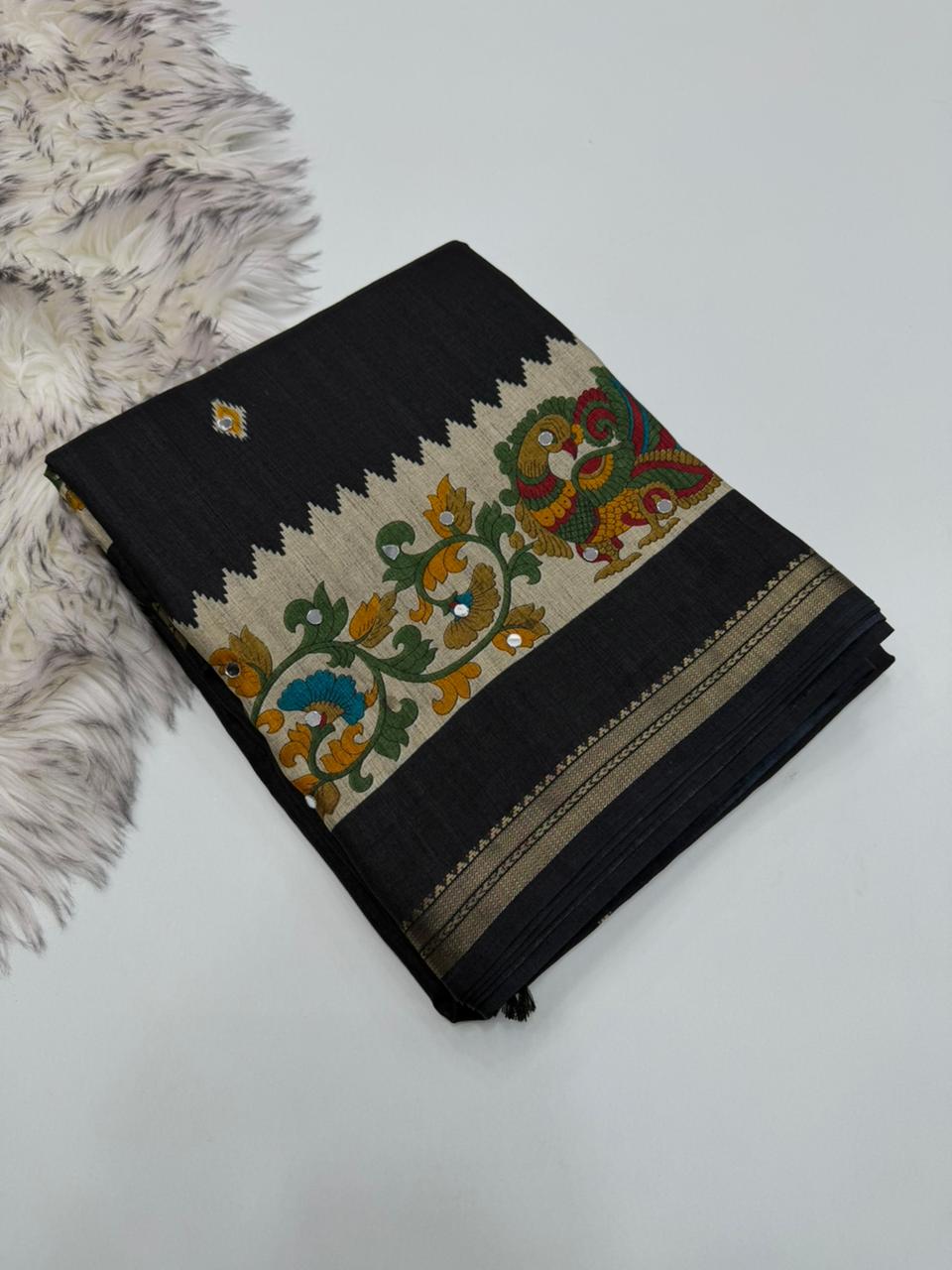 Gratifying Function Wear Tussar Silk Jacquard Border Rich Pallu n Mirror Work Fancy Saree With Blouse Piece