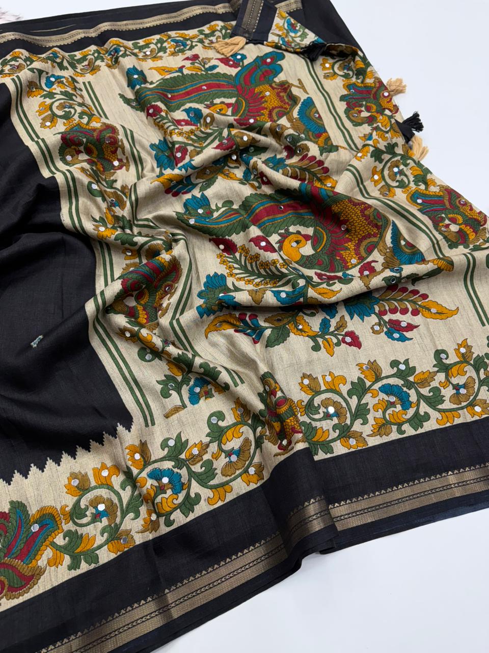 Gratifying Function Wear Tussar Silk Jacquard Border Rich Pallu n Mirror Work Fancy Saree With Blouse Piece