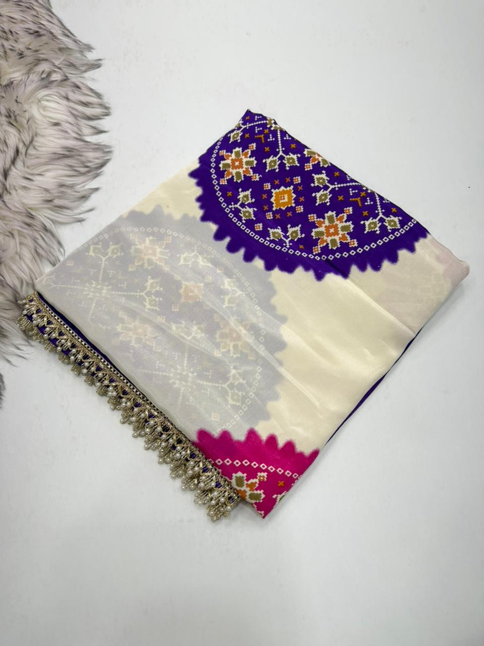 Blossom Festive Wear Satin Silk Real Ajrak Print n Heavy Moti Lace Border Fancy Saree With Blouse Piece