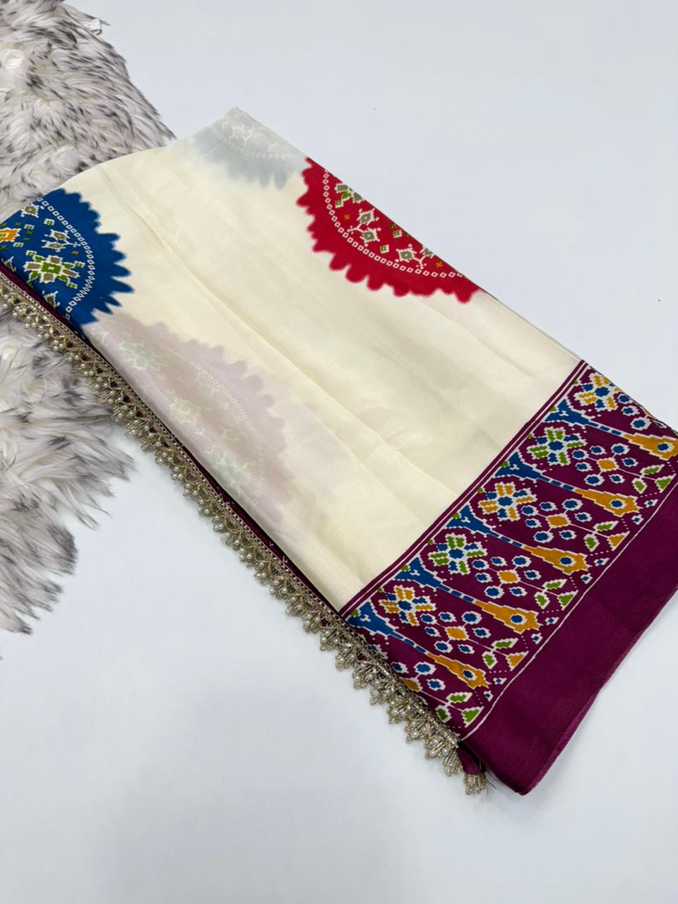 Blossom Festive Wear Satin Silk Real Ajrak Print n Heavy Moti Lace Border Fancy Saree With Blouse Piece