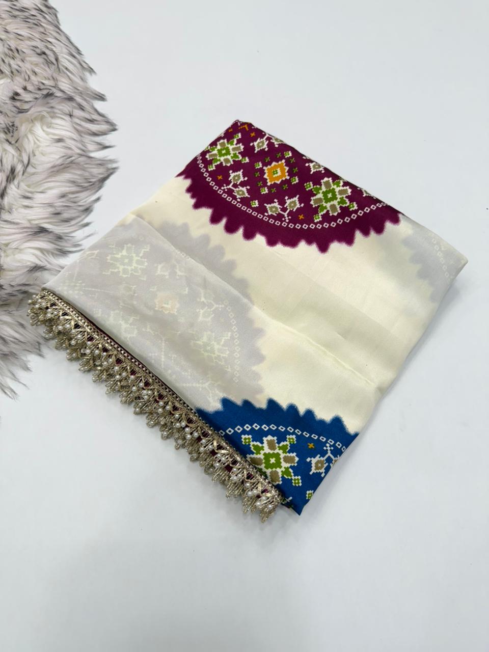 Blossom Festive Wear Satin Silk Real Ajrak Print n Heavy Moti Lace Border Fancy Saree With Blouse Piece