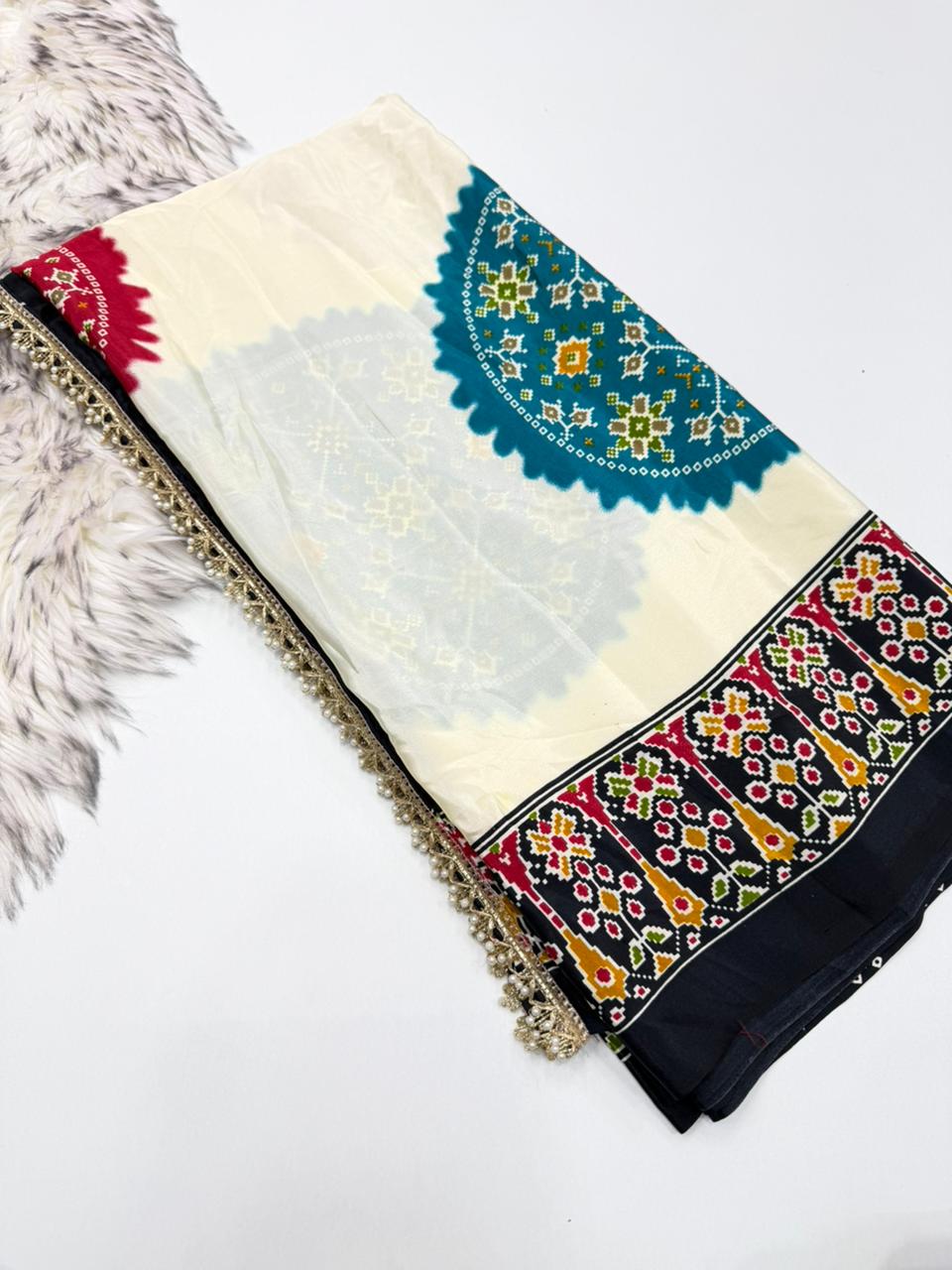 Blossom Festive Wear Satin Silk Real Ajrak Print n Heavy Moti Lace Border Fancy Saree With Blouse Piece