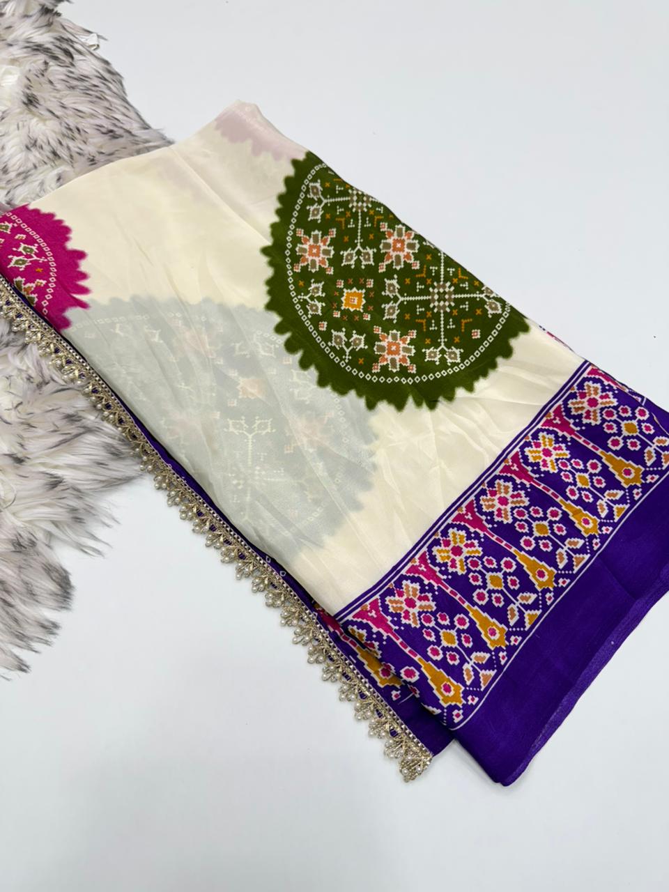 Blossom Festive Wear Satin Silk Real Ajrak Print n Heavy Moti Lace Border Fancy Saree With Blouse Piece