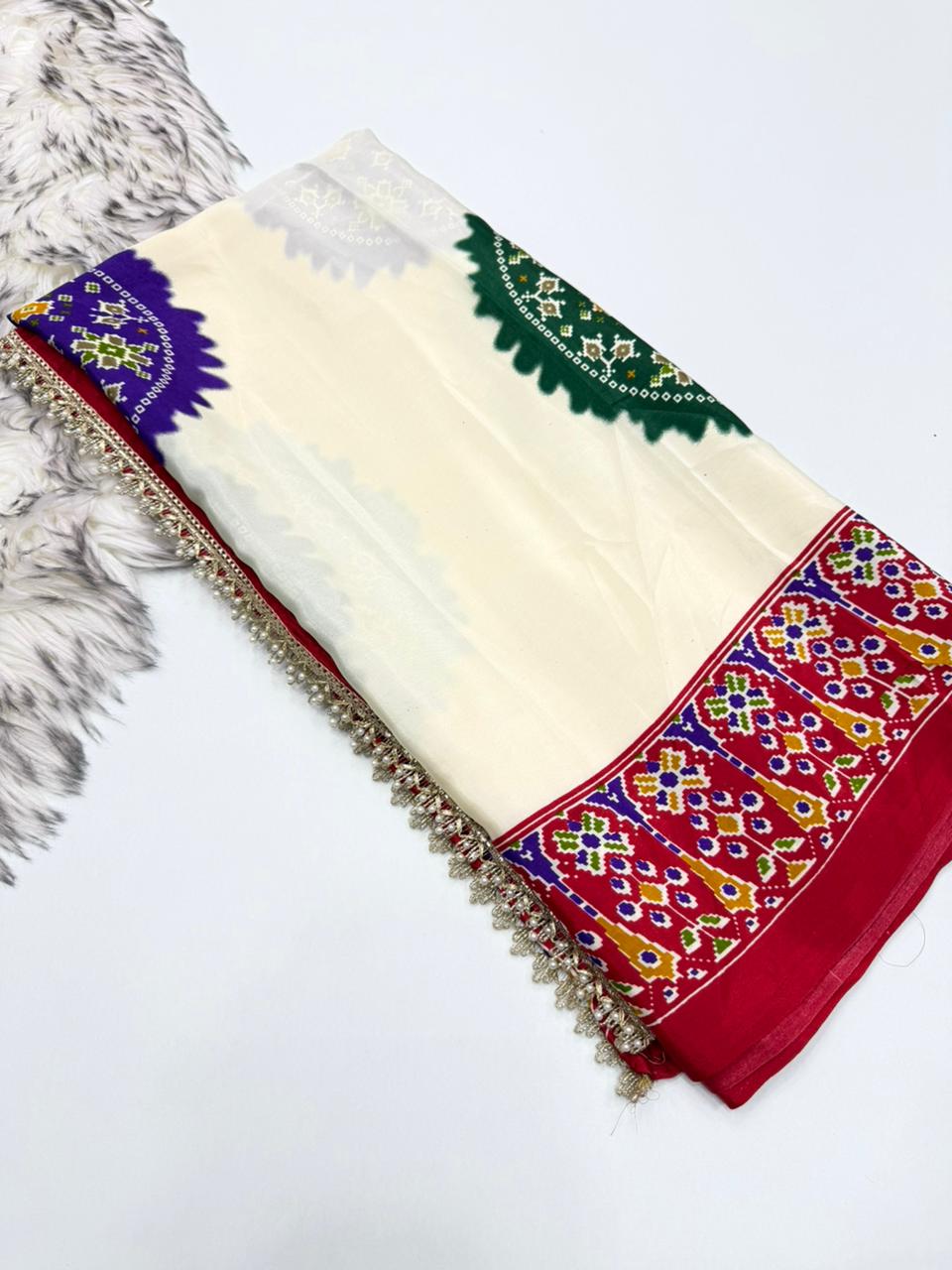 Blossom Festive Wear Satin Silk Real Ajrak Print n Heavy Moti Lace Border Fancy Saree With Blouse Piece