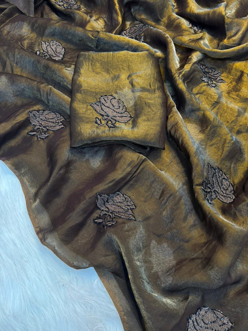 Charming Party Wear Silk Embroidery Thread n Beads Work Designer Saree With Matching Blouse Piece