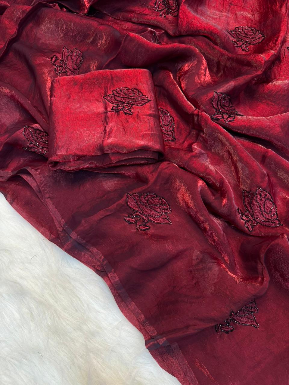 Charming Party Wear Silk Embroidery Thread n Beads Work Designer Saree With Matching Blouse Piece