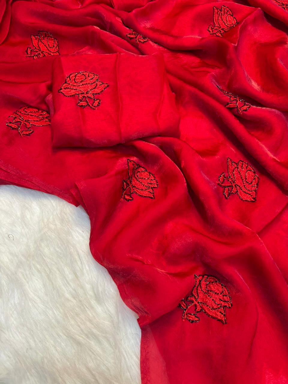 Charming Party Wear Silk Embroidery Thread n Beads Work Designer Saree With Matching Blouse Piece