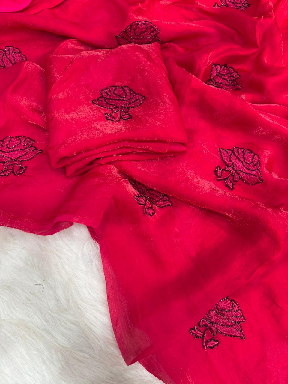Charming Party Wear Silk Embroidery Thread n Beads Work Designer Saree With Matching Blouse Piece