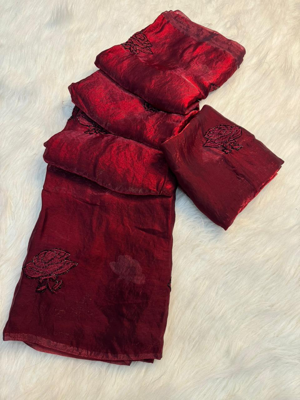 Charming Party Wear Silk Embroidery Thread n Beads Work Designer Saree With Matching Blouse Piece