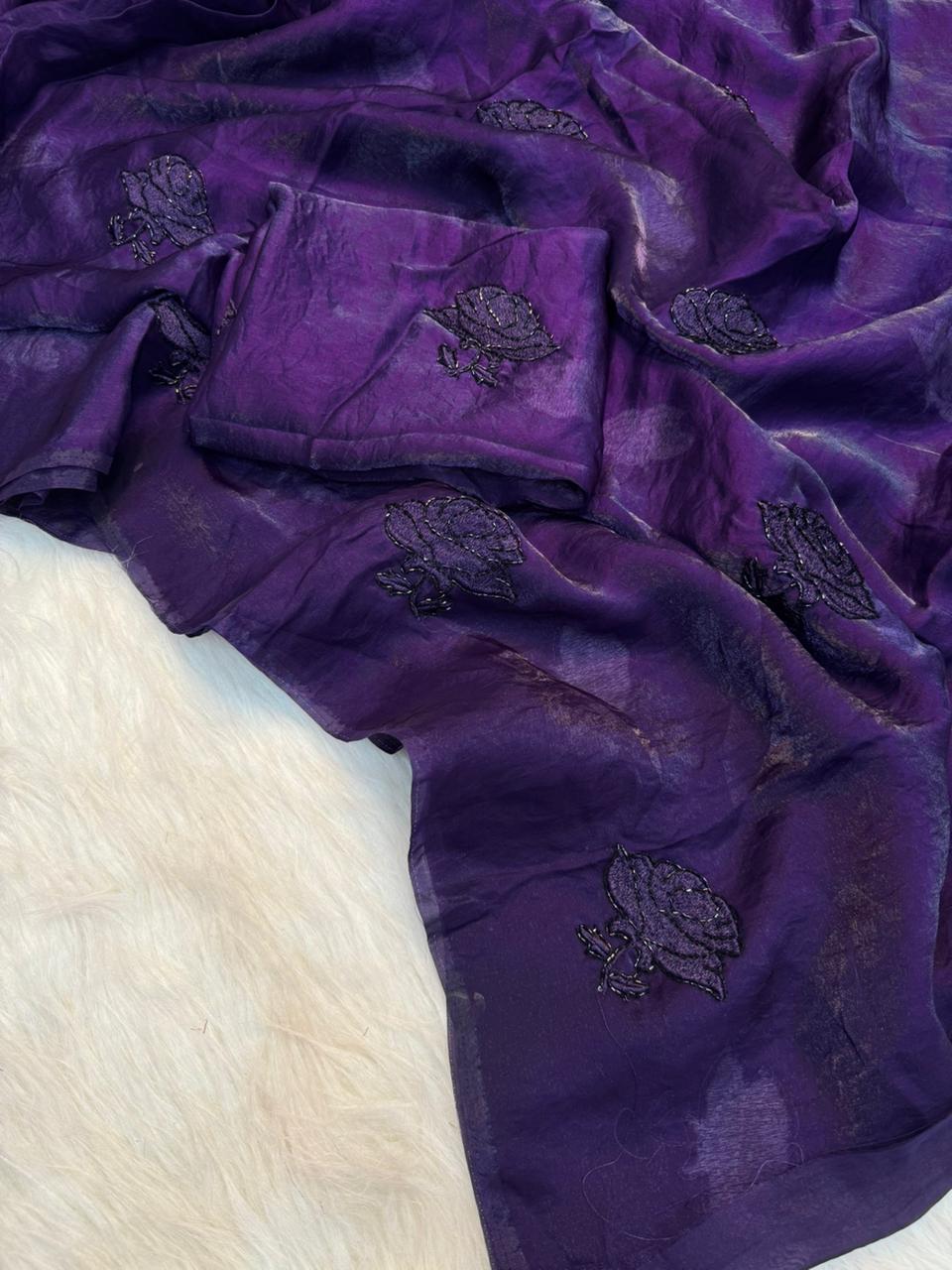 Charming Party Wear Silk Embroidery Thread n Beads Work Designer Saree With Matching Blouse Piece