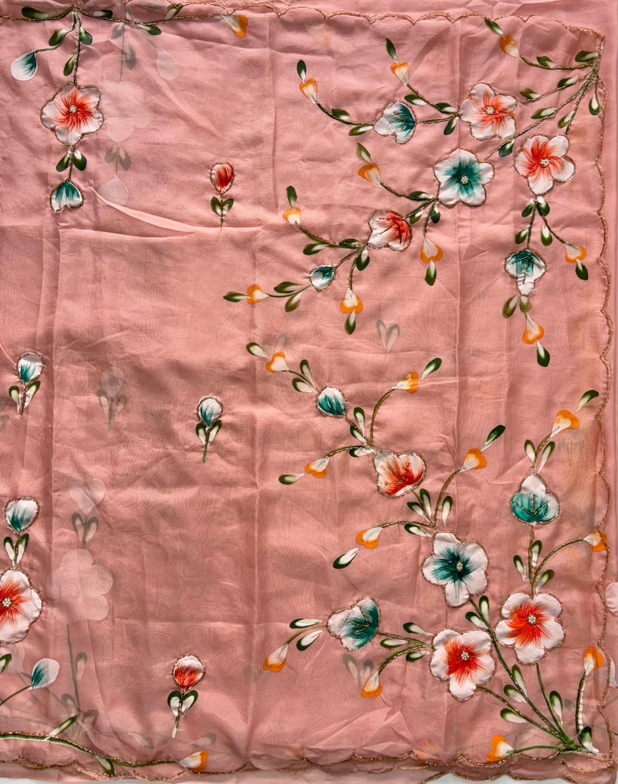 Glamorous Festive Wear Soft Pure Chiffon Handbrush Flower n Handwork Fancy Saree With Blouse Piece