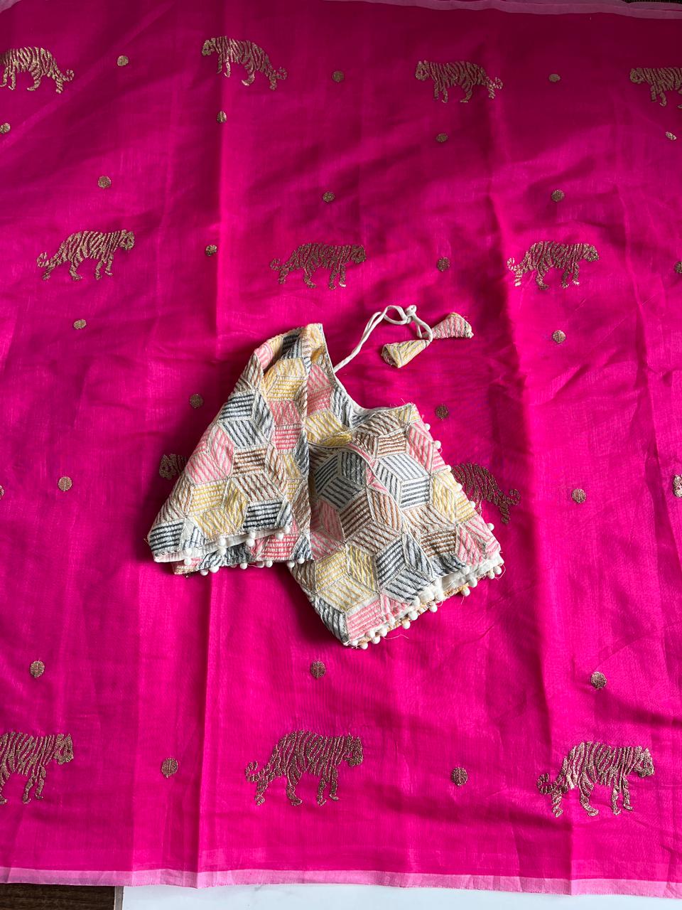 Charismatic Festive Wear Chanderi Cotton Embroidered n Tussels Work Designer Saree With Stitched Blouse