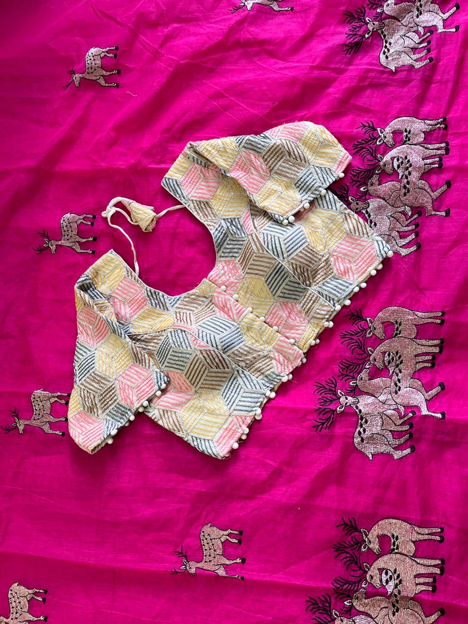 Effervescent Function Wear Chanderi Cotton Embroidered n Tussels Work Fancy Saree With Stitched Blouse