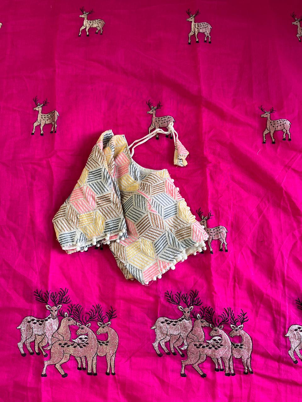 Effervescent Function Wear Chanderi Cotton Embroidered n Tussels Work Fancy Saree With Stitched Blouse