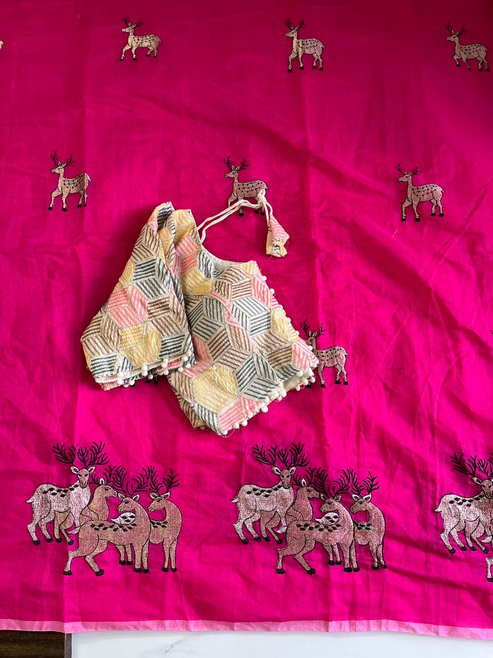 Effervescent Function Wear Chanderi Cotton Embroidered n Tussels Work Fancy Saree With Stitched Blouse