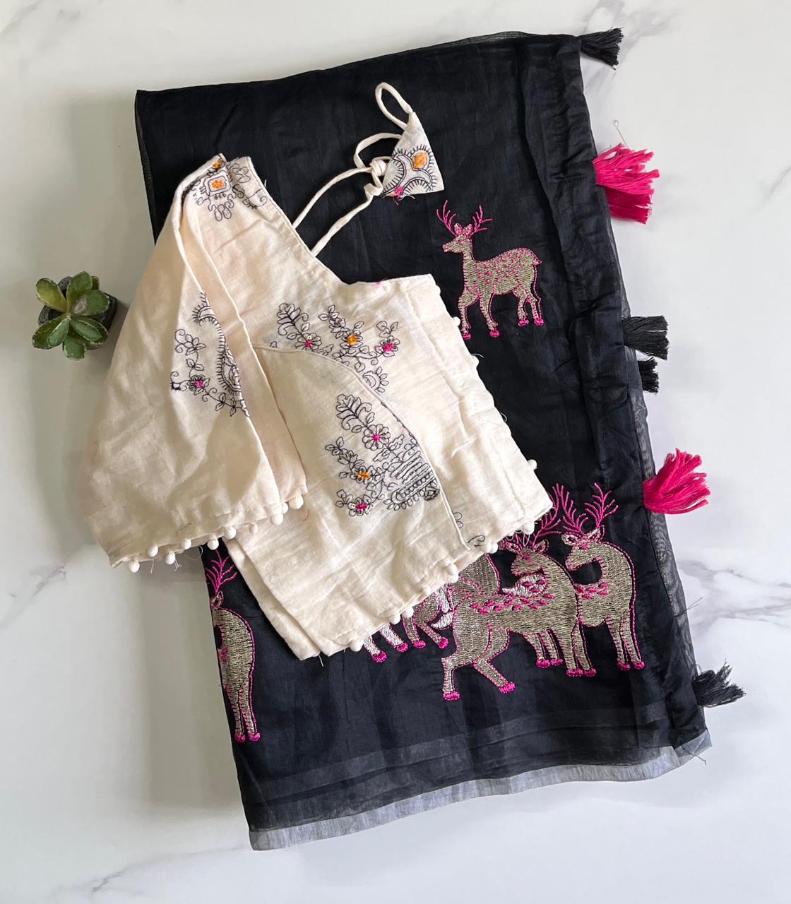 Effervescent Function Wear Chanderi Cotton Embroidered n Tussels Work Fancy Saree With Stitched Blouse