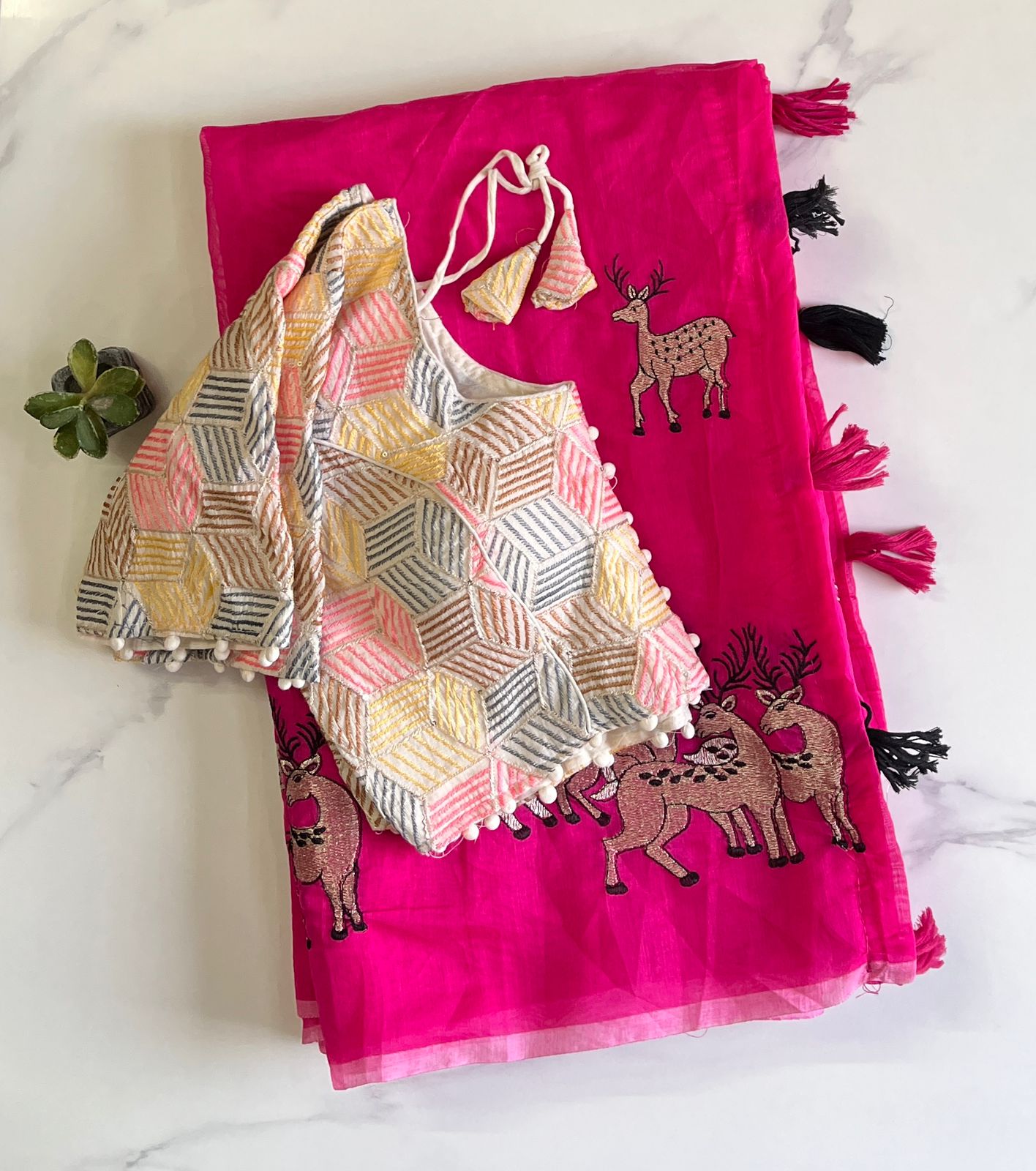 Effervescent Function Wear Chanderi Cotton Embroidered n Tussels Work Fancy Saree With Stitched Blouse
