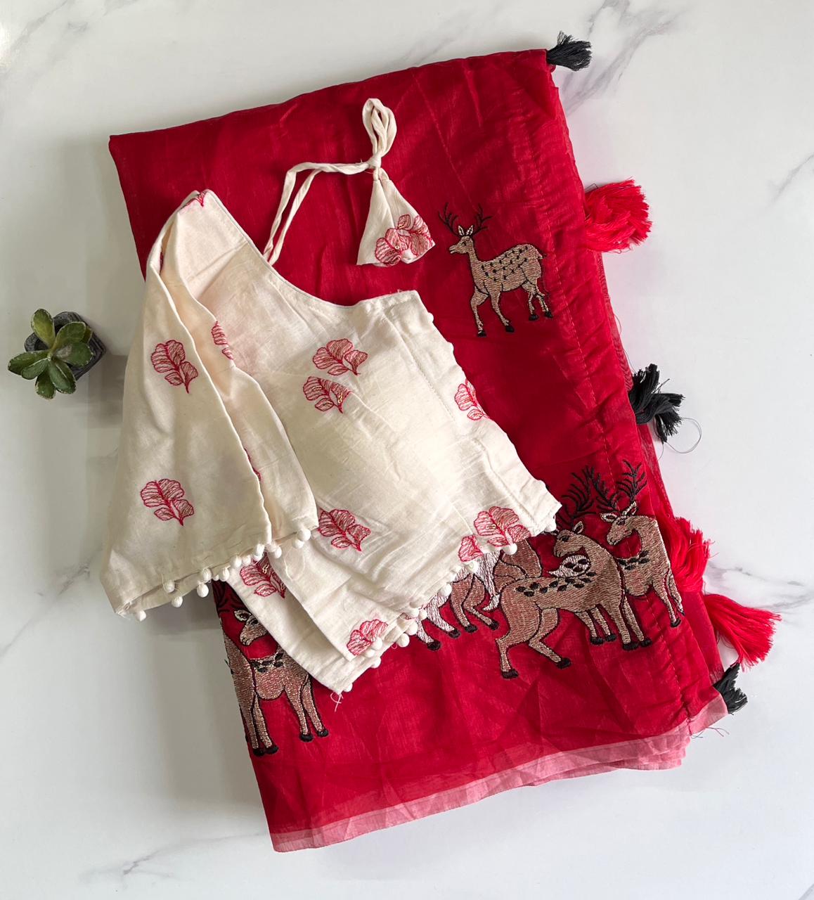 Effervescent Function Wear Chanderi Cotton Embroidered n Tussels Work Fancy Saree With Stitched Blouse