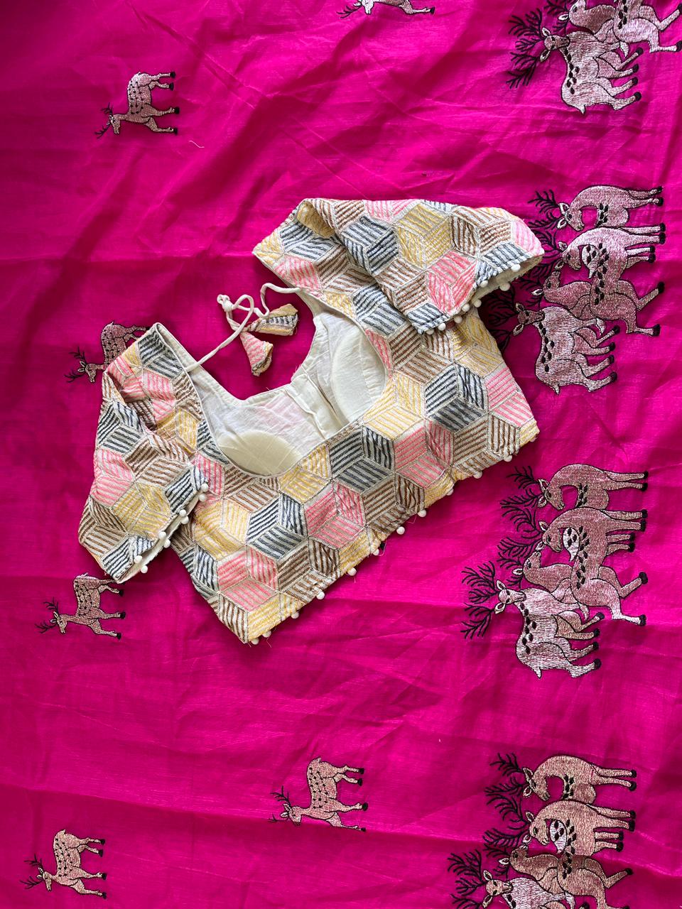 Effervescent Function Wear Chanderi Cotton Embroidered n Tussels Work Fancy Saree With Stitched Blouse