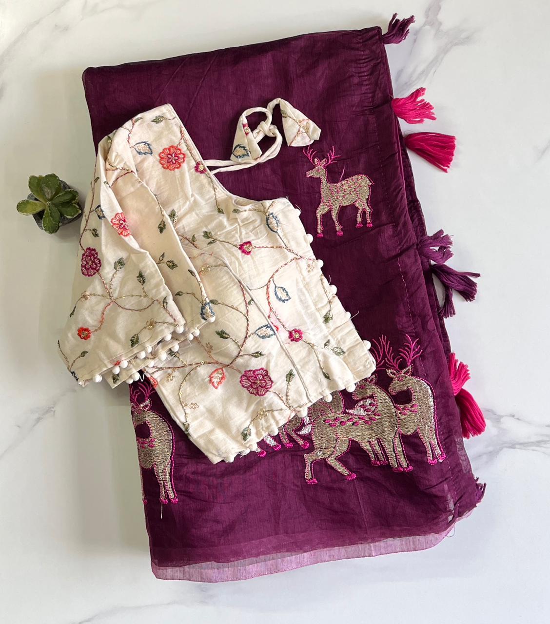 Effervescent Function Wear Chanderi Cotton Embroidered n Tussels Work Fancy Saree With Stitched Blouse
