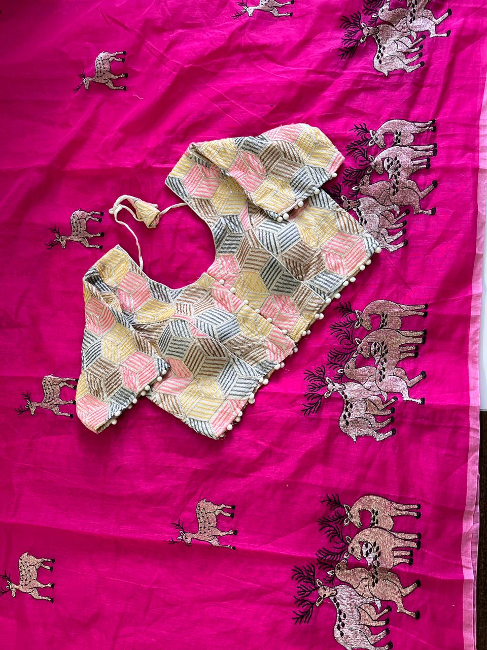 Effervescent Function Wear Chanderi Cotton Embroidered n Tussels Work Fancy Saree With Stitched Blouse