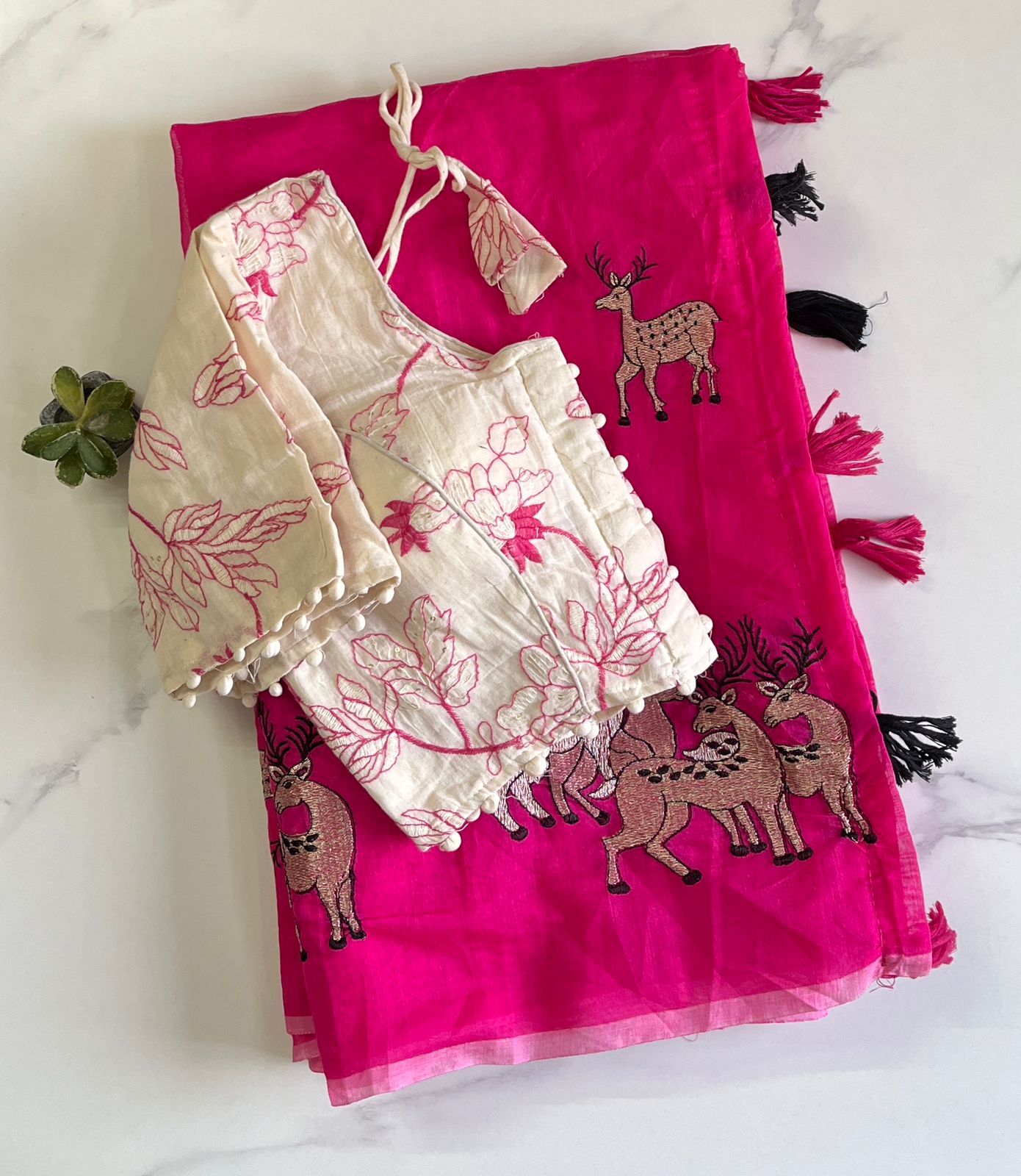 Effervescent Function Wear Chanderi Cotton Embroidered n Tussels Work Fancy Saree With Stitched Blouse