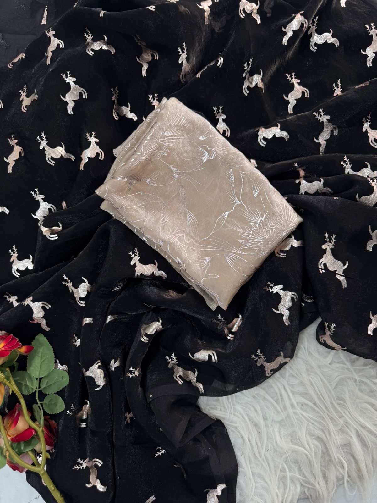 Blossom Party Wear Silk Print Design Fancy Saree With Contrast Blouse Piece