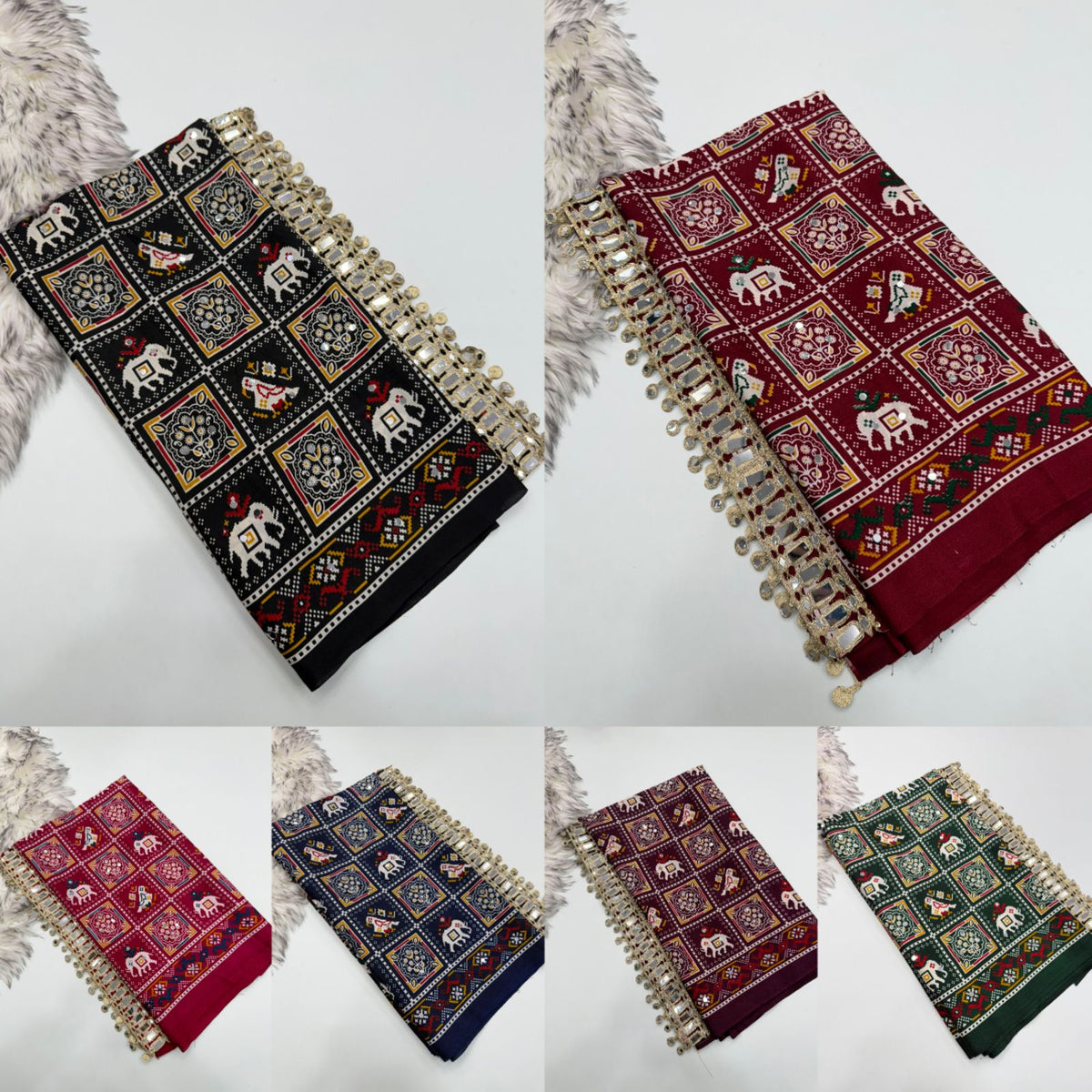 Adorable Festive Wear Pure Satin Silk Ajrak Printed Rich Pallu n Mirror Work Designer Saree For Occasion