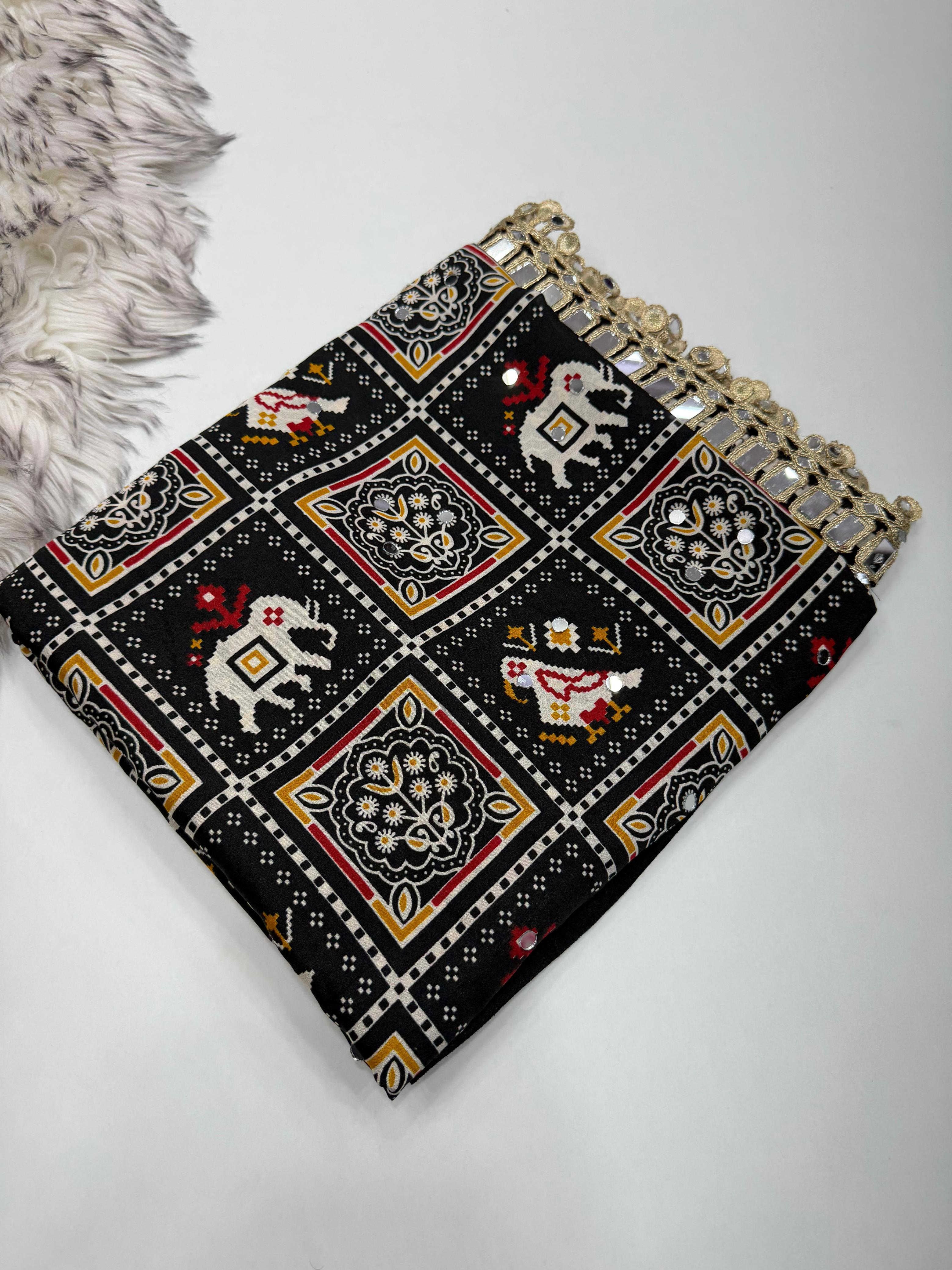 Adorable Festive Wear Pure Satin Silk Ajrak Printed Rich Pallu n Mirror Work Designer Saree For Occasion