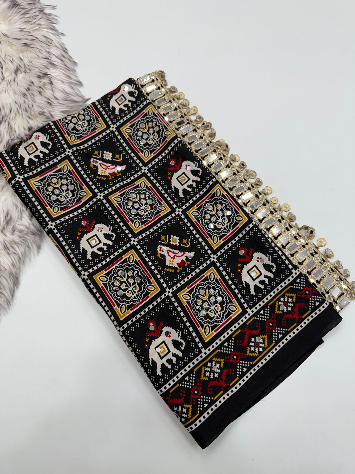 Adorable Festive Wear Pure Satin Silk Ajrak Printed Rich Pallu n Mirror Work Designer Saree For Occasion