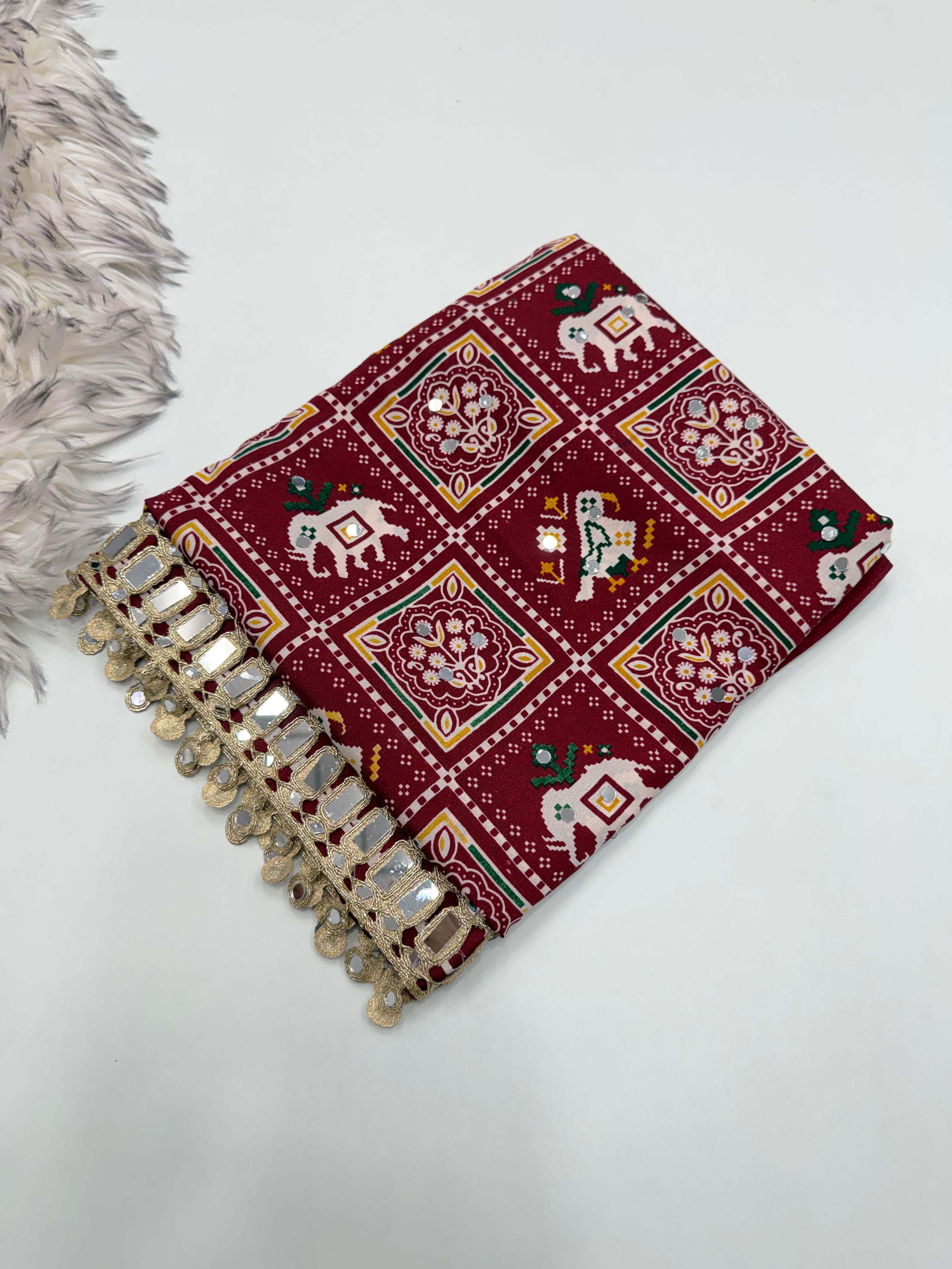 Adorable Festive Wear Pure Satin Silk Ajrak Printed Rich Pallu n Mirror Work Designer Saree For Occasion