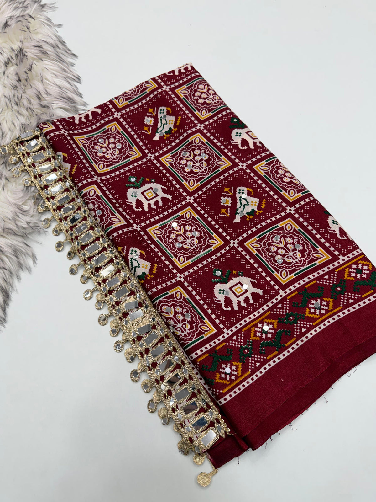 Adorable Festive Wear Pure Satin Silk Ajrak Printed Rich Pallu n Mirror Work Designer Saree For Occasion
