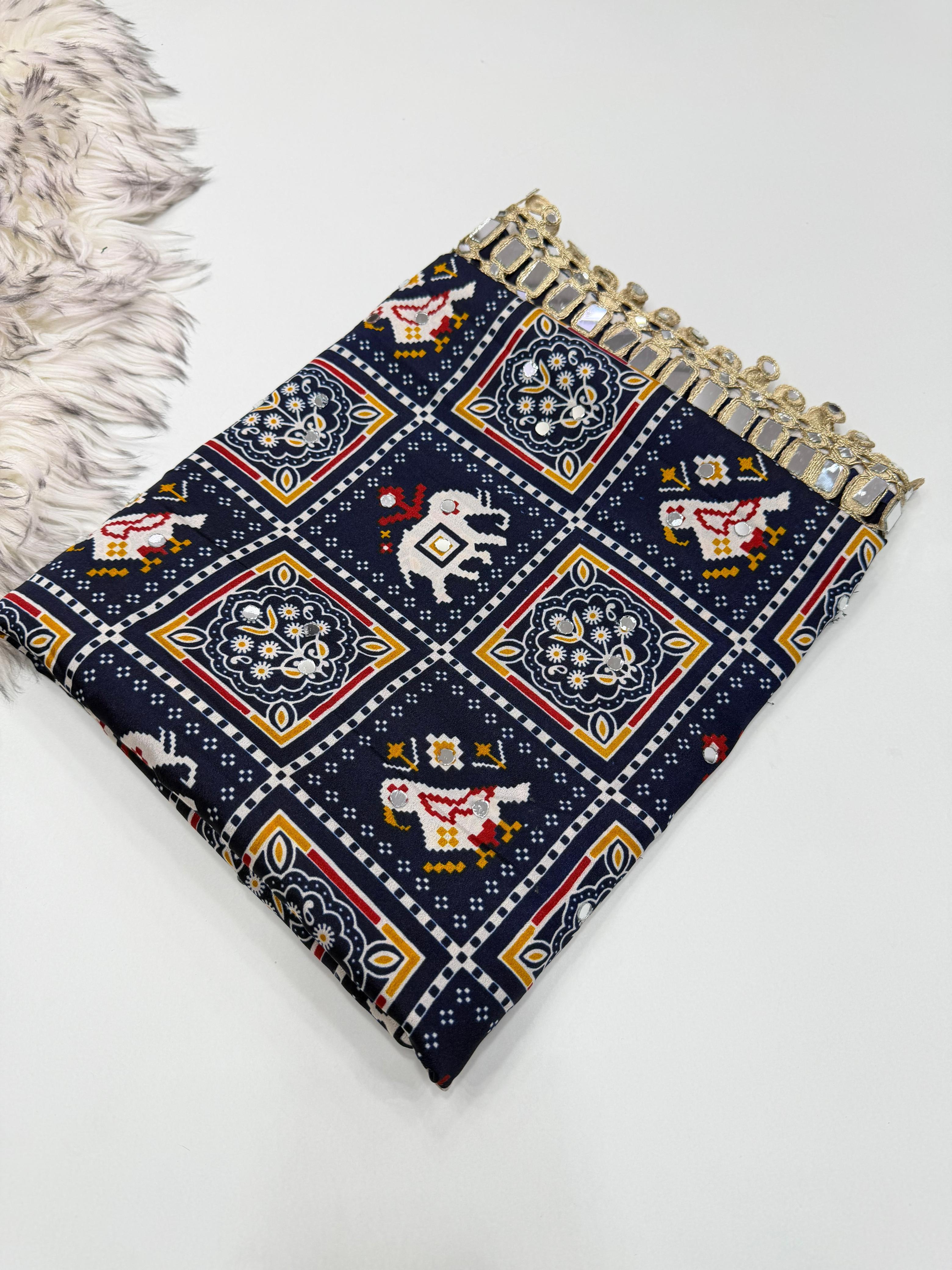 Adorable Festive Wear Pure Satin Silk Ajrak Printed Rich Pallu n Mirror Work Designer Saree For Occasion