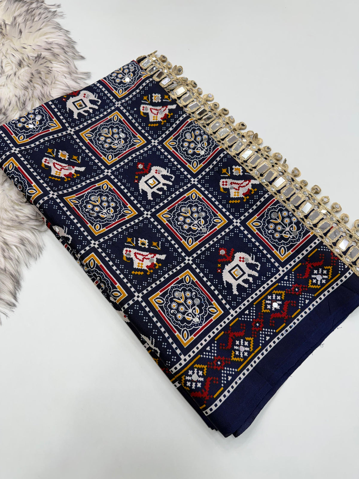 Adorable Festive Wear Pure Satin Silk Ajrak Printed Rich Pallu n Mirror Work Designer Saree For Occasion