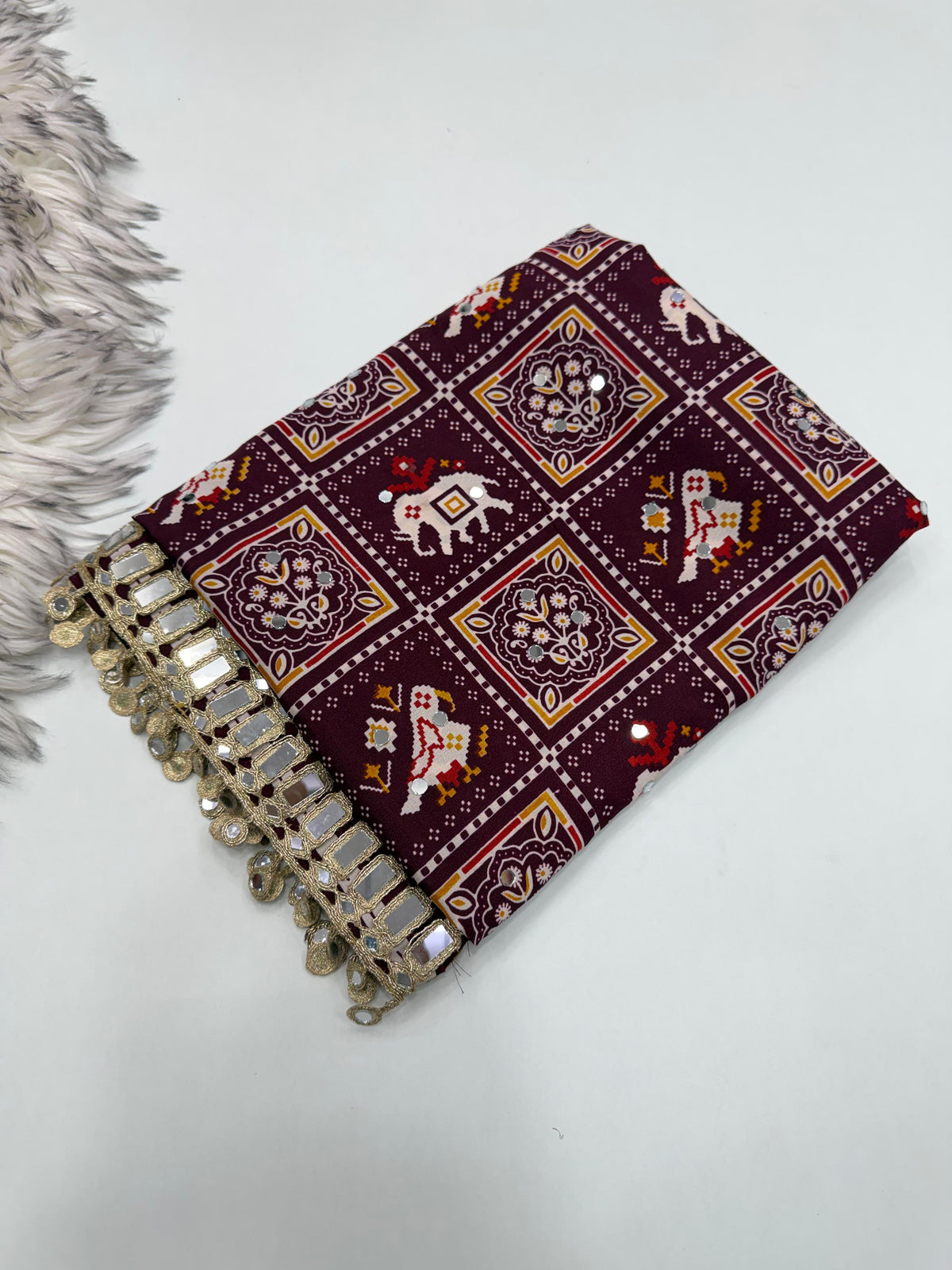 Adorable Festive Wear Pure Satin Silk Ajrak Printed Rich Pallu n Mirror Work Designer Saree For Occasion