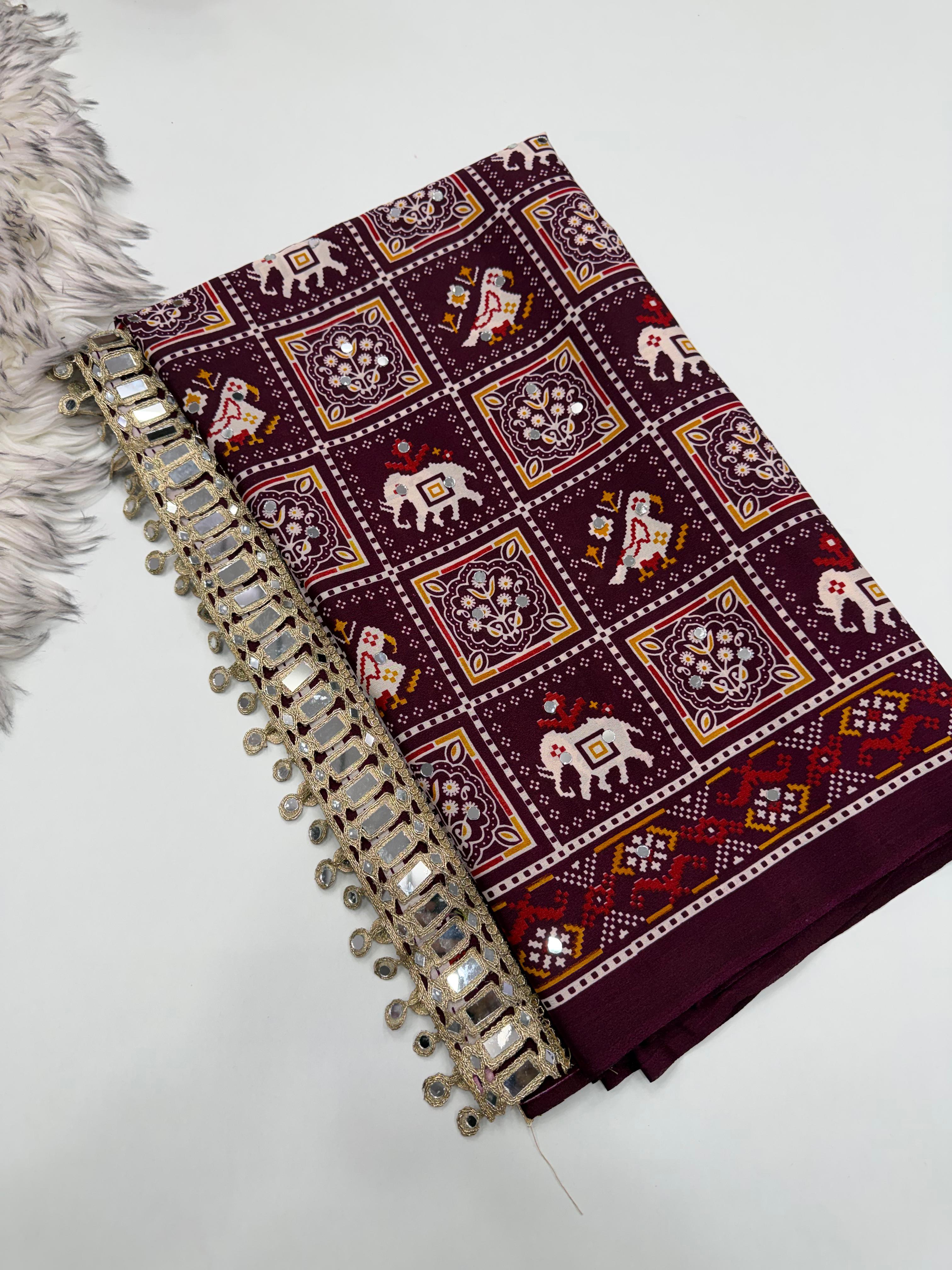 Adorable Festive Wear Pure Satin Silk Ajrak Printed Rich Pallu n Mirror Work Designer Saree For Occasion