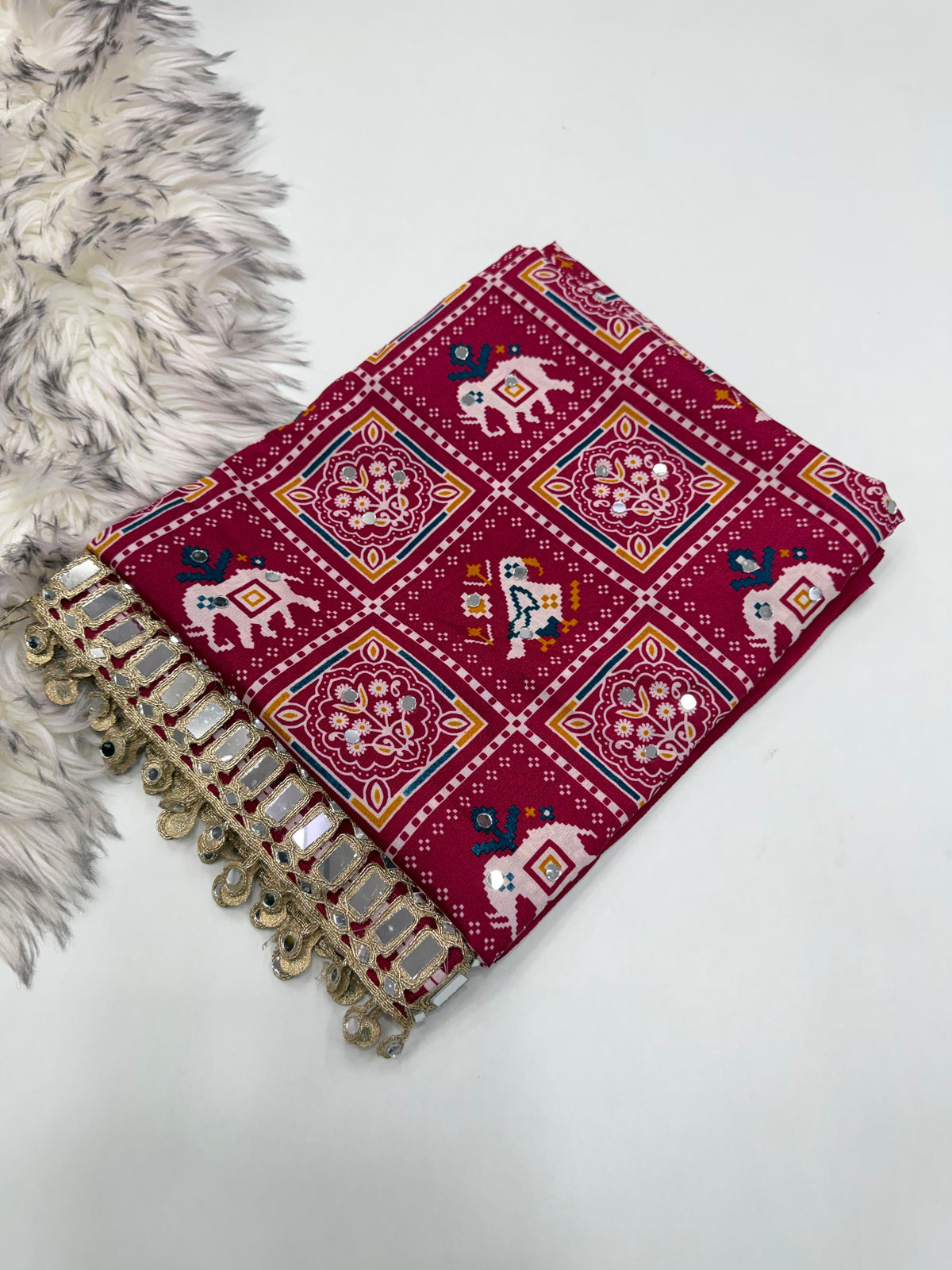 Adorable Festive Wear Pure Satin Silk Ajrak Printed Rich Pallu n Mirror Work Designer Saree For Occasion