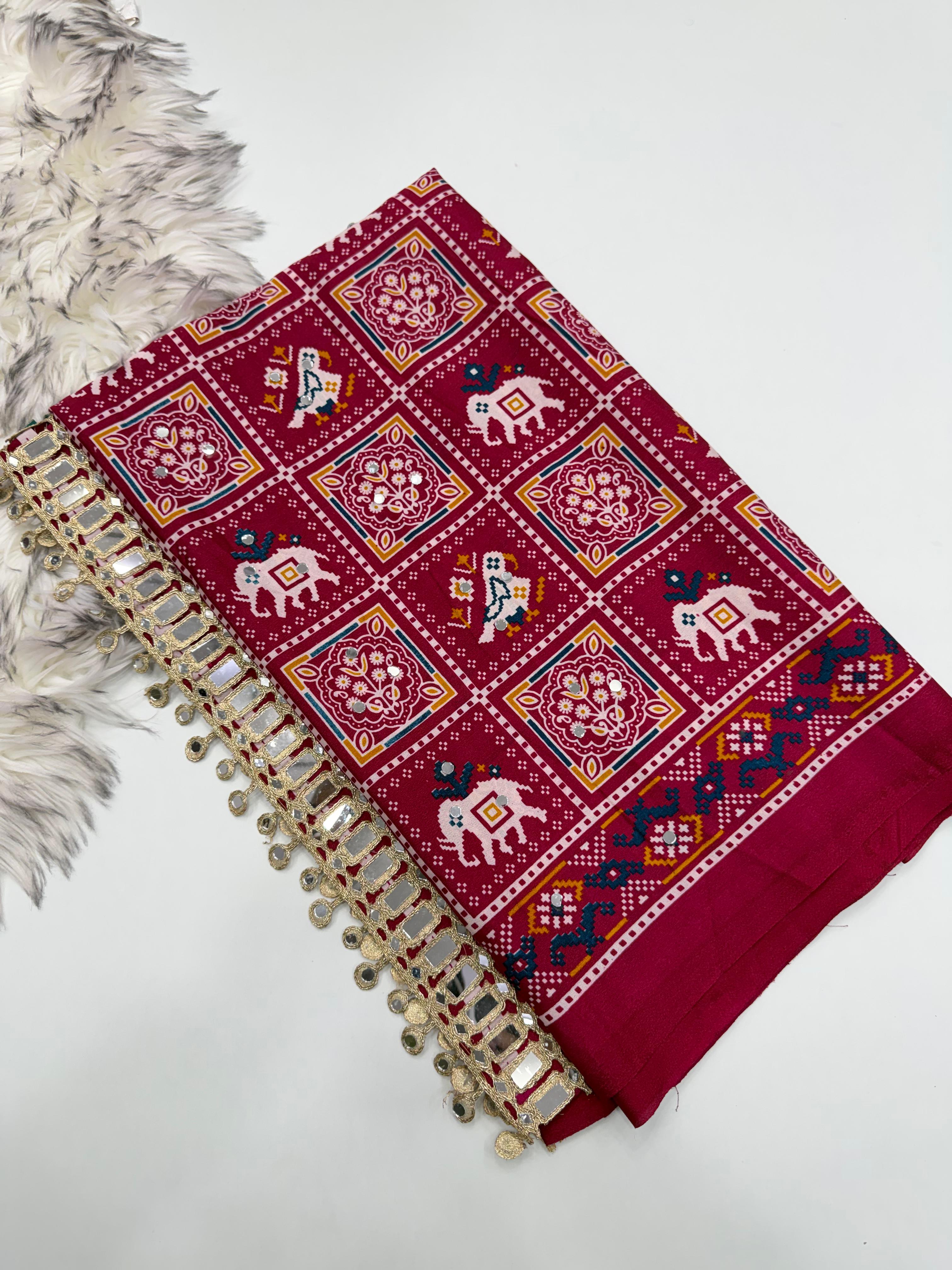 Adorable Festive Wear Pure Satin Silk Ajrak Printed Rich Pallu n Mirror Work Designer Saree For Occasion