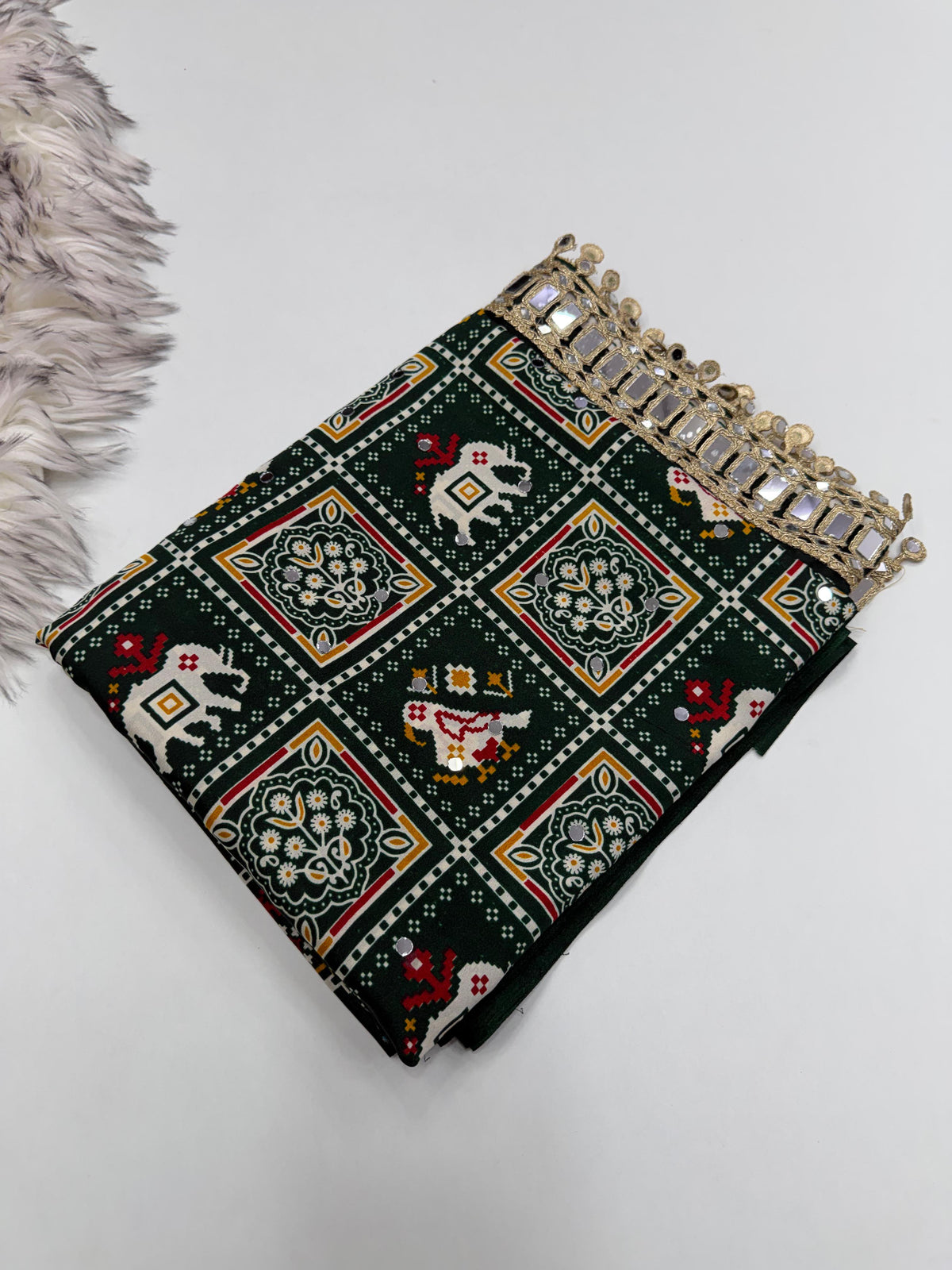 Adorable Festive Wear Pure Satin Silk Ajrak Printed Rich Pallu n Mirror Work Designer Saree For Occasion