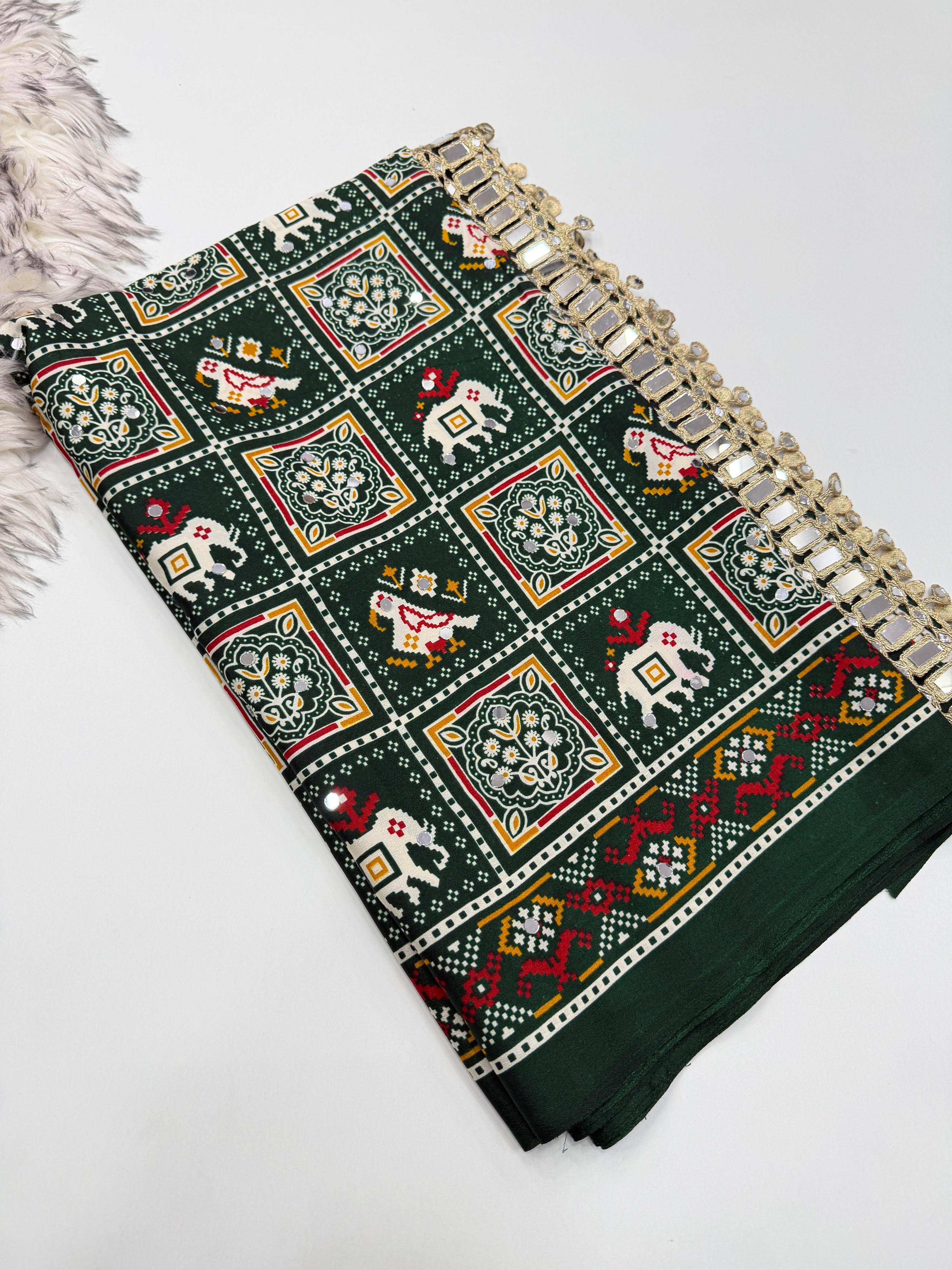 Adorable Festive Wear Pure Satin Silk Ajrak Printed Rich Pallu n Mirror Work Designer Saree For Occasion