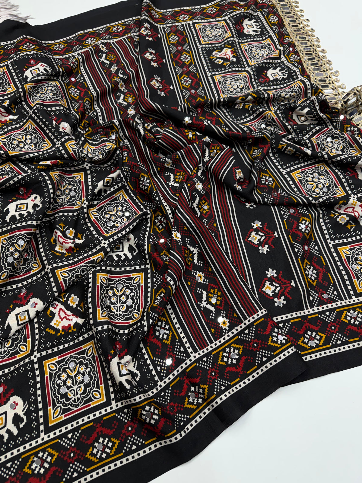 Adorable Festive Wear Pure Satin Silk Ajrak Printed Rich Pallu n Mirror Work Designer Saree For Occasion