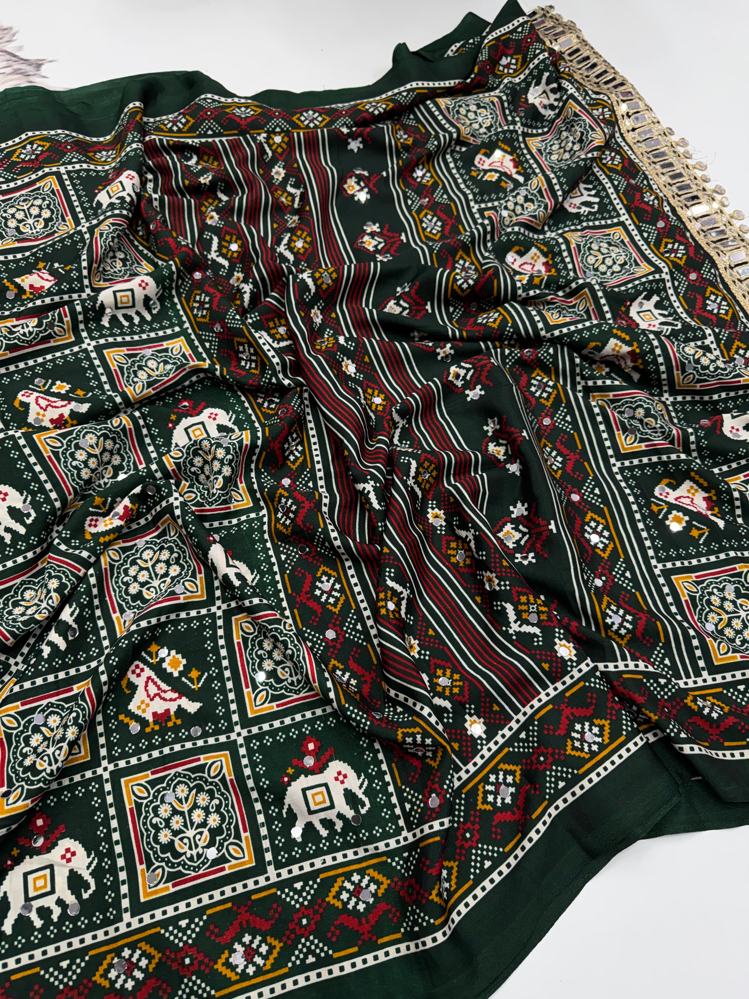 Adorable Festive Wear Pure Satin Silk Ajrak Printed Rich Pallu n Mirror Work Designer Saree For Occasion