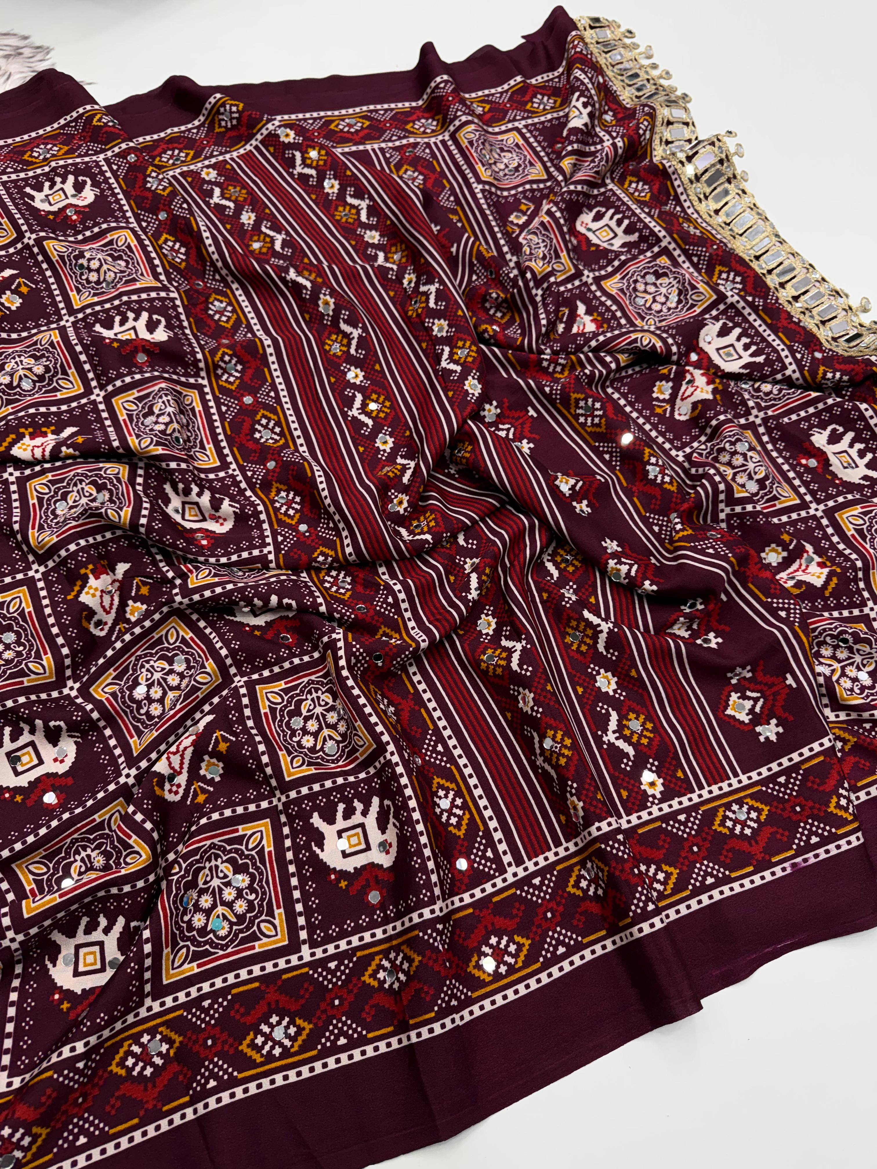 Adorable Festive Wear Pure Satin Silk Ajrak Printed Rich Pallu n Mirror Work Designer Saree For Occasion