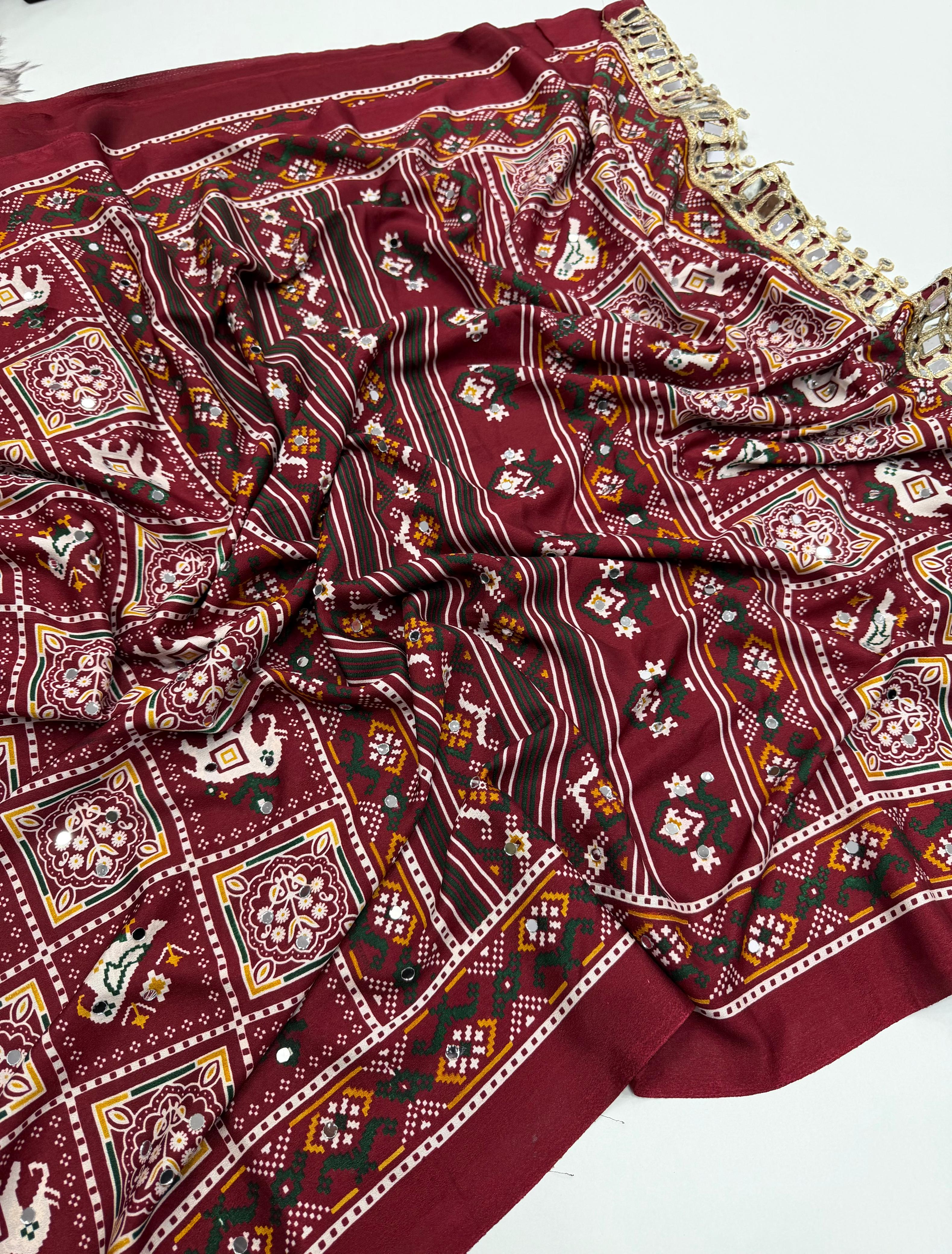Adorable Festive Wear Pure Satin Silk Ajrak Printed Rich Pallu n Mirror Work Designer Saree For Occasion