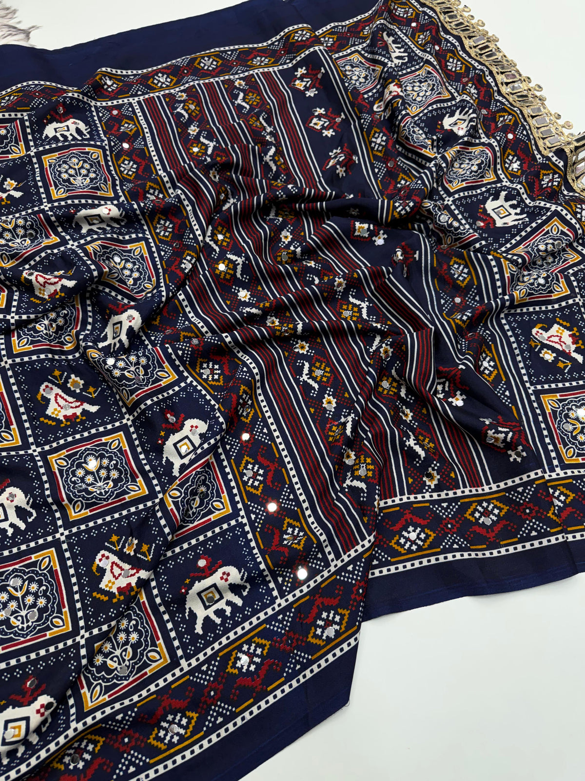 Adorable Festive Wear Pure Satin Silk Ajrak Printed Rich Pallu n Mirror Work Designer Saree For Occasion