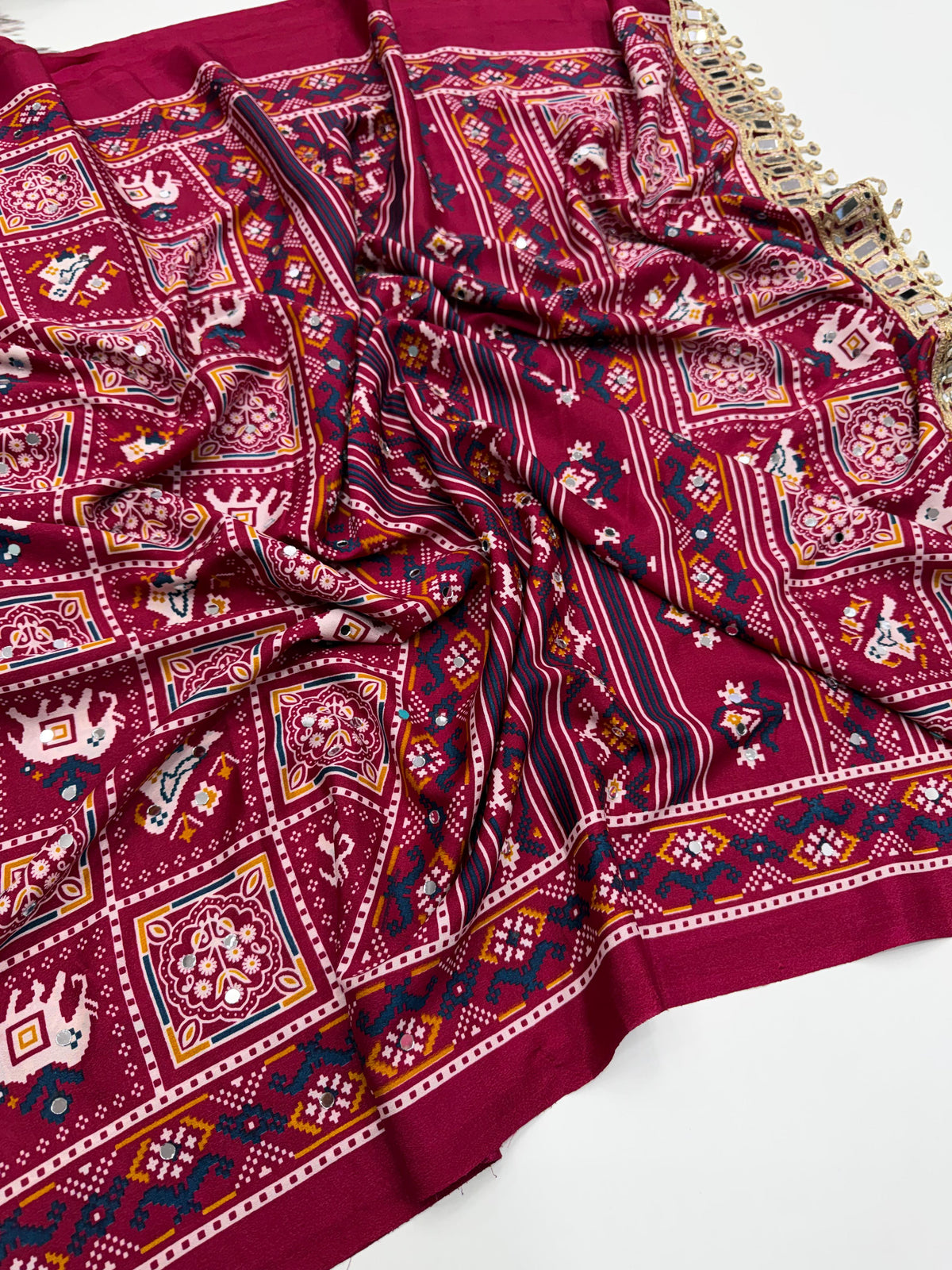 Adorable Festive Wear Pure Satin Silk Ajrak Printed Rich Pallu n Mirror Work Designer Saree For Occasion